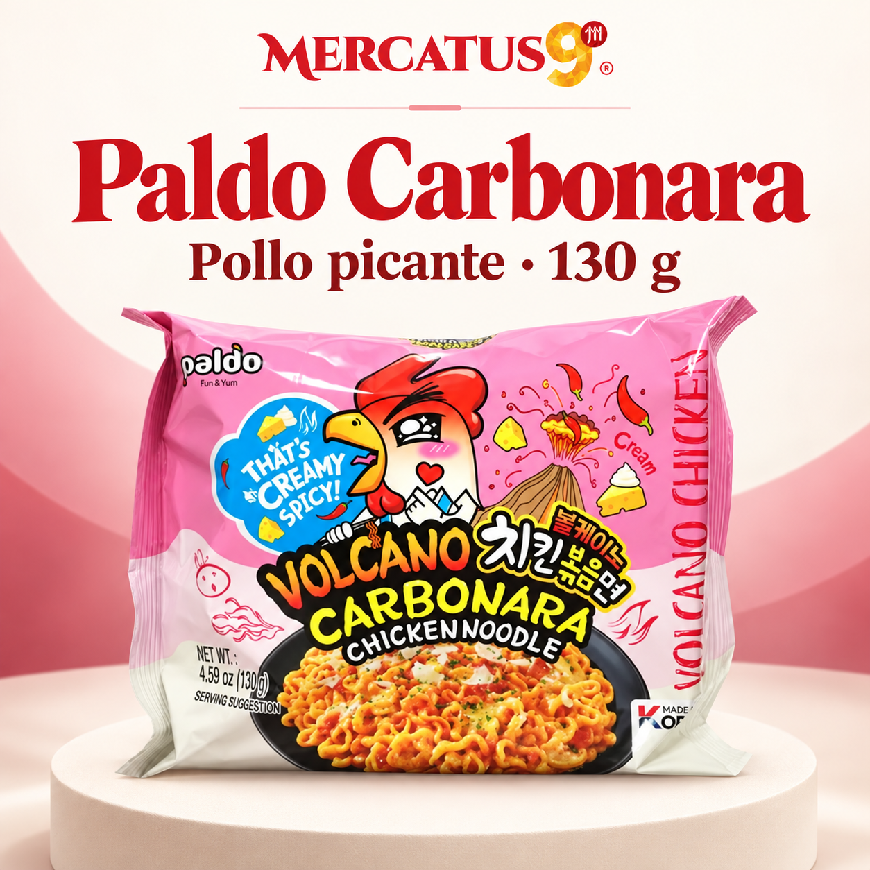 Paldo Volcano Carbonara de 130 g, presentación del empaque con Mercatus9