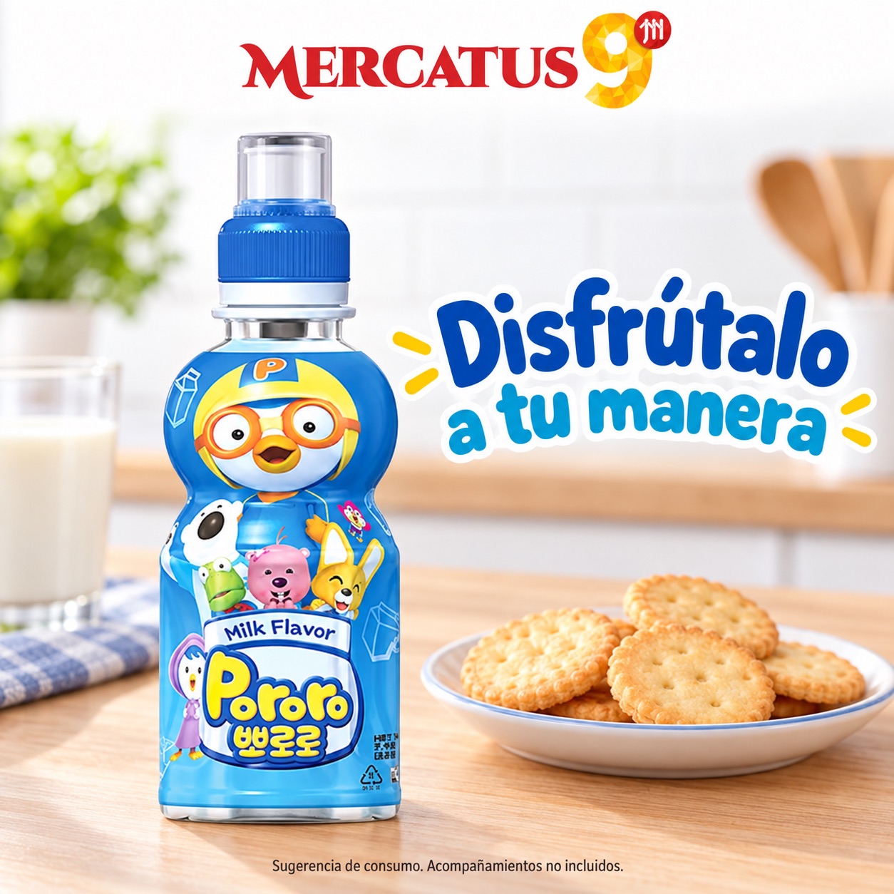 Sugerencia ilustrativa de consumo de Pororo bebida sabor a leche; acompañamientos no incluidos