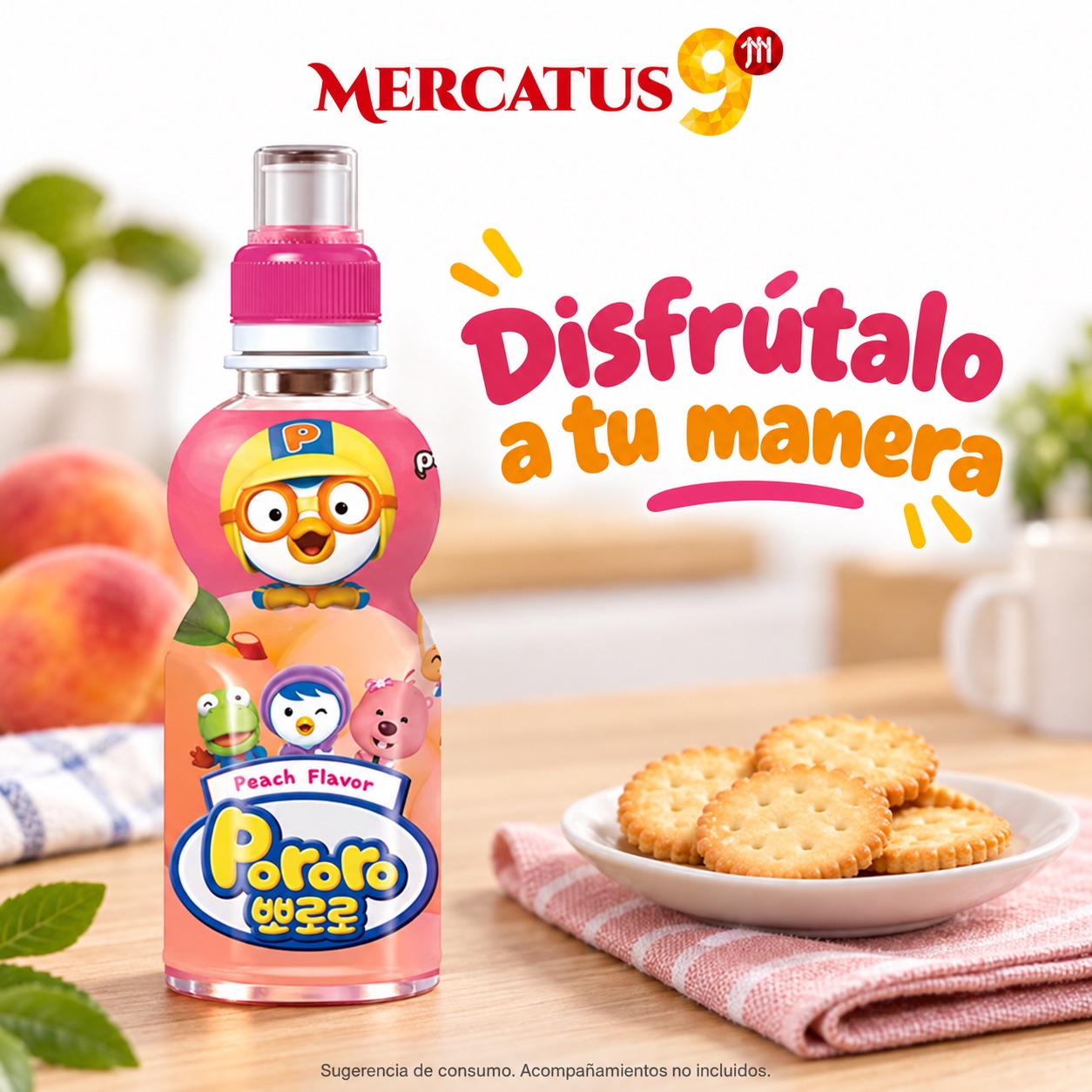 Sugerencia ilustrativa de consumo de Pororo bebida sabor a durazno; acompañamientos no incluidos