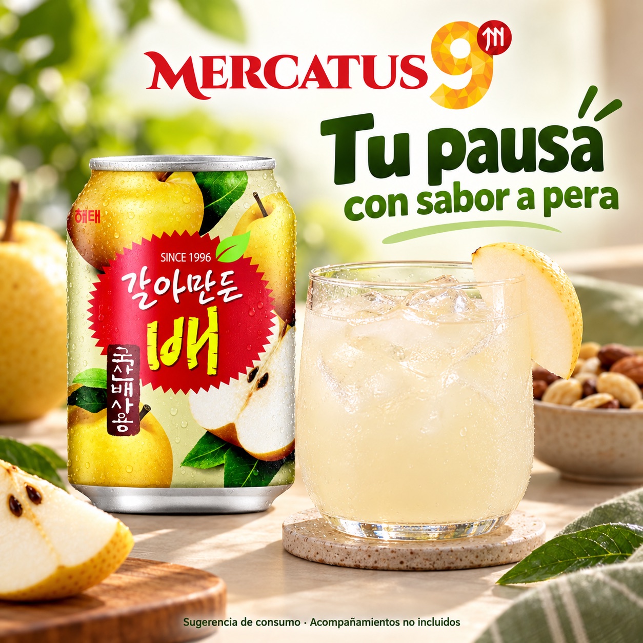 Sugerencia ilustrativa de consumo de Haitai bebida sabor a pera; acompañamientos no incluidos