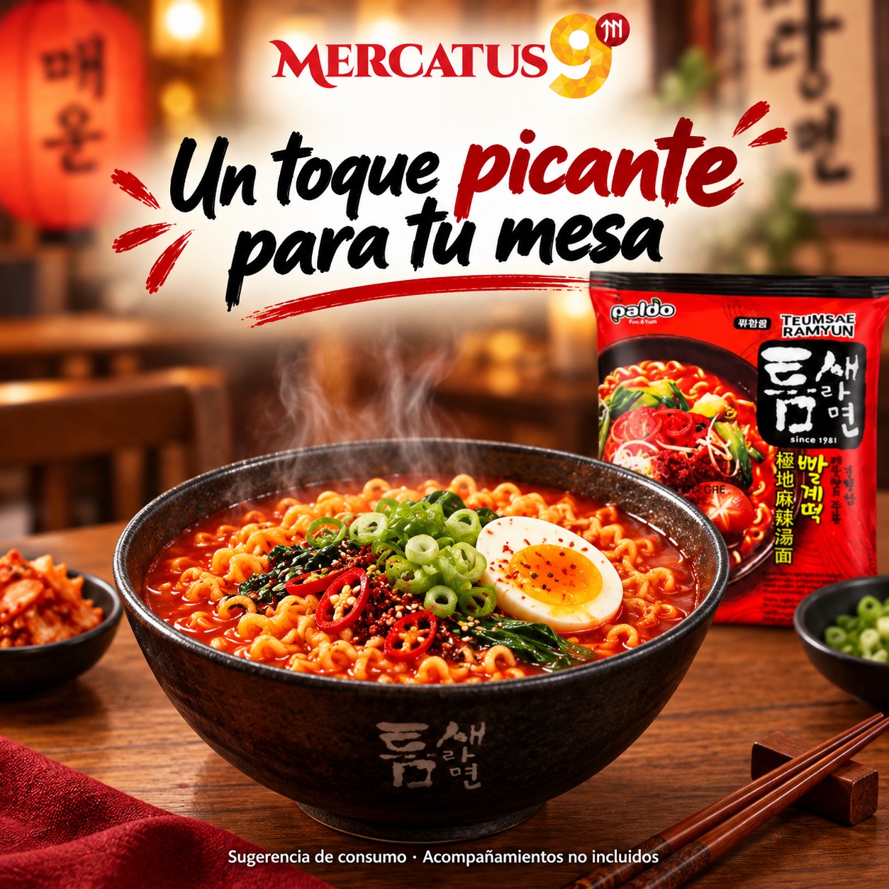 Sugerencia ilustrativa de consumo de Paldo Teumsae Ramyun picante; acompañamientos no incluidos