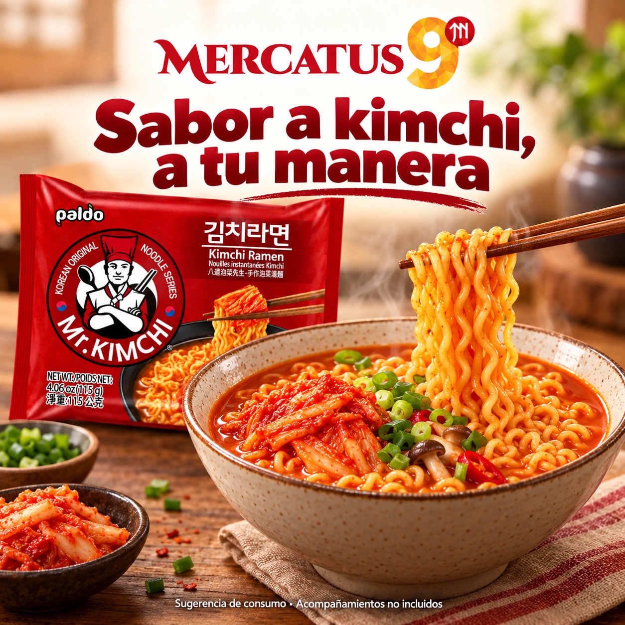 Sugerencia ilustrativa de consumo de Paldo Kimchi Ramen; acompañamientos no incluidos