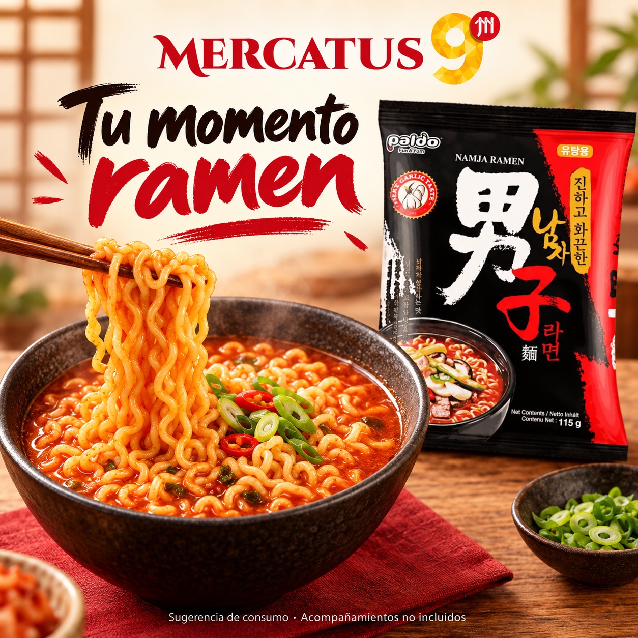 Sugerencia ilustrativa de consumo de Paldo Namja Ramen picante; acompañamientos no incluidos