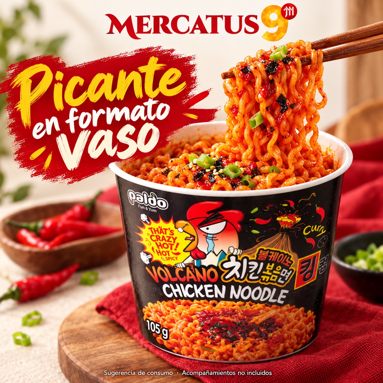 Sugerencia ilustrativa de consumo de Paldo Volcano Chicken en vaso; acompañamientos no incluidos