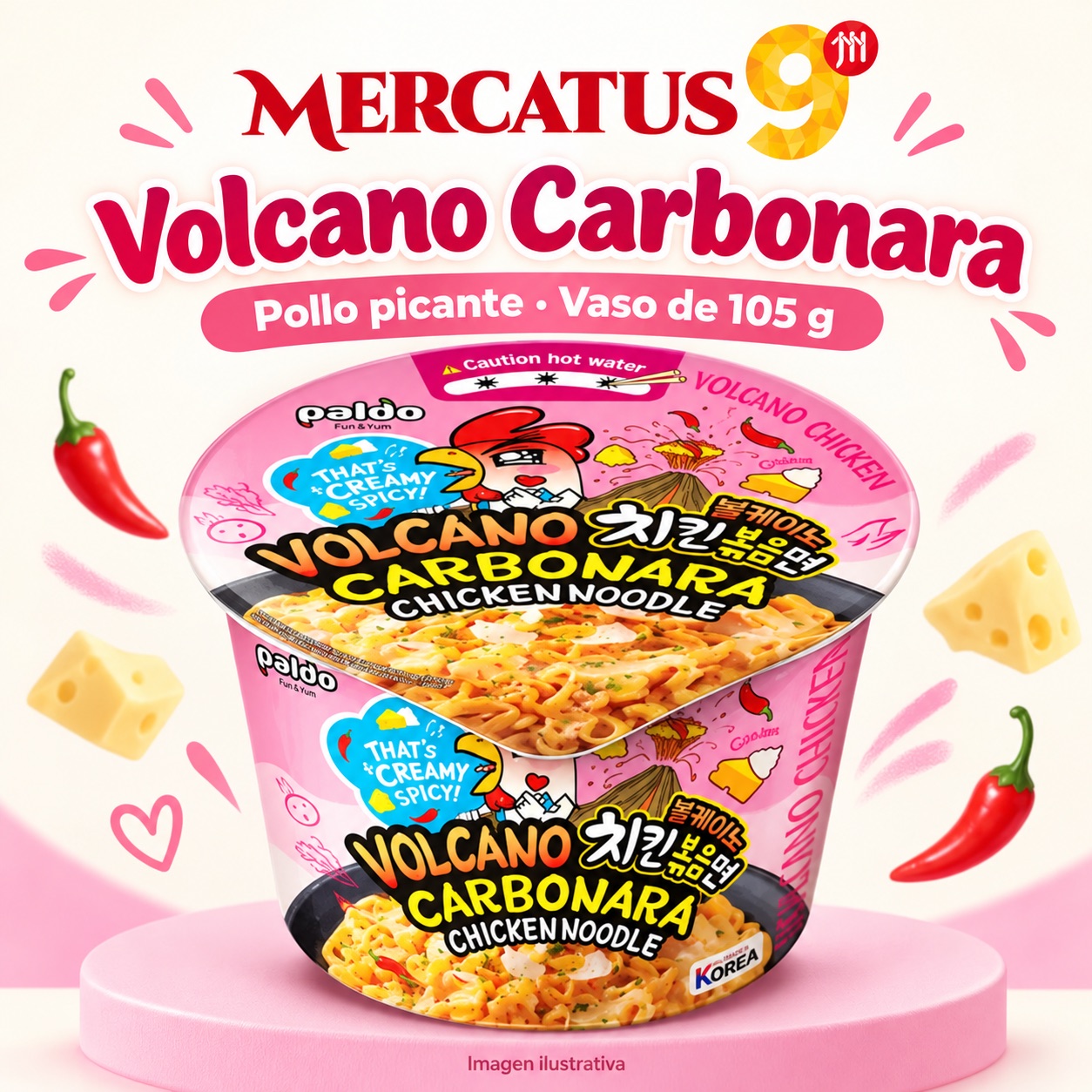 Paldo Volcano Carbonara en vaso, empaque de 105 g, Mercatus9