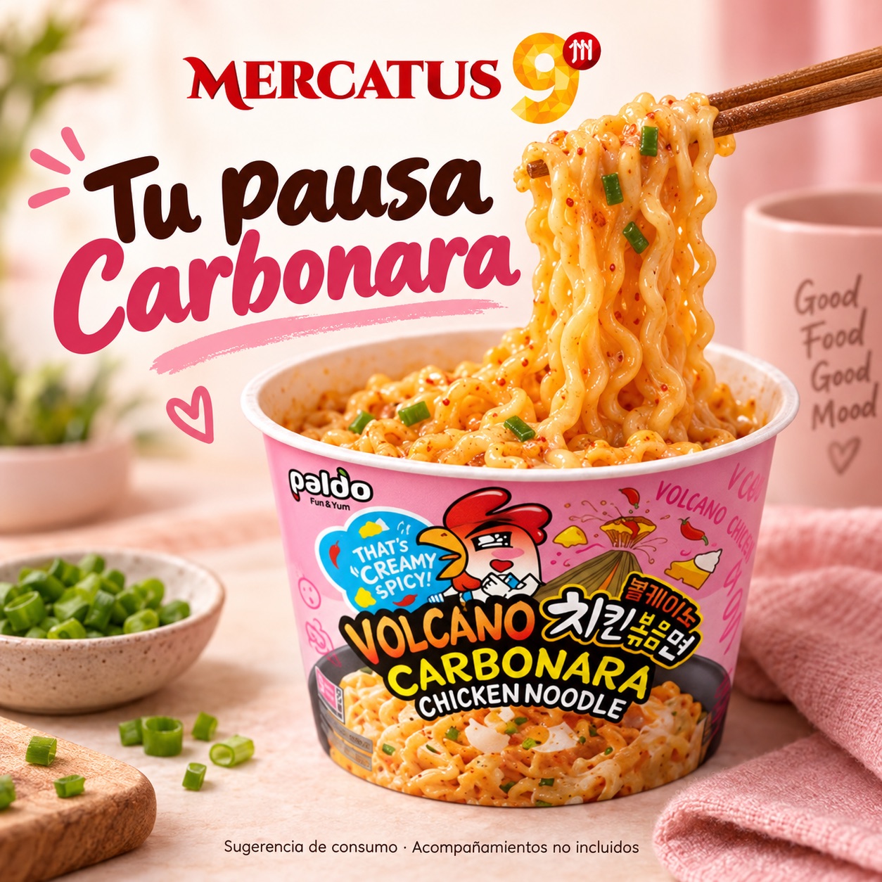 Sugerencia ilustrativa de consumo de Paldo Volcano Carbonara en vaso; acompañamientos no incluidos