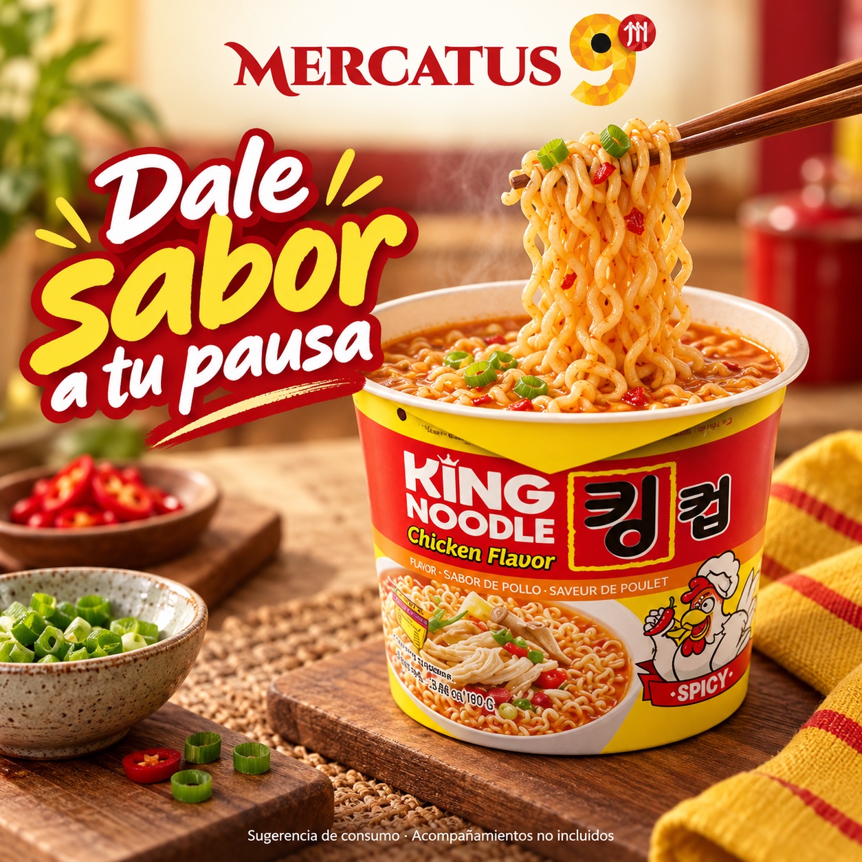 Sugerencia ilustrativa de consumo de Paldo King Noodle pollo picante; acompañamientos no incluidos