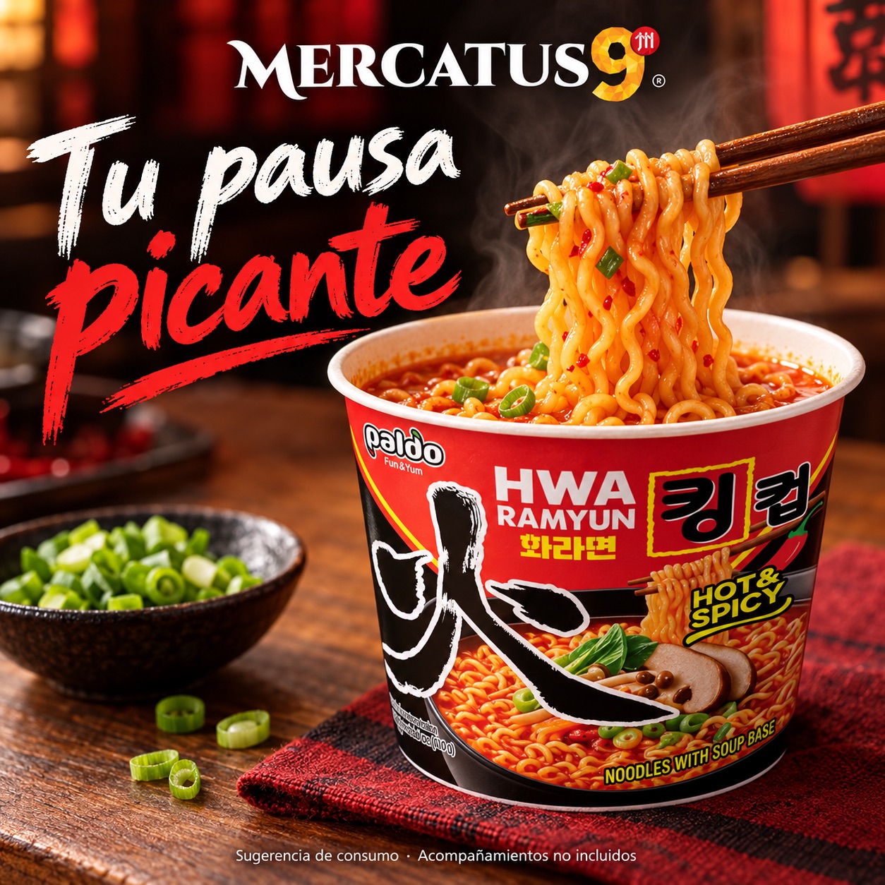 Sugerencia ilustrativa de consumo de Paldo Hwa Ramyun picante; acompañamientos no incluidos