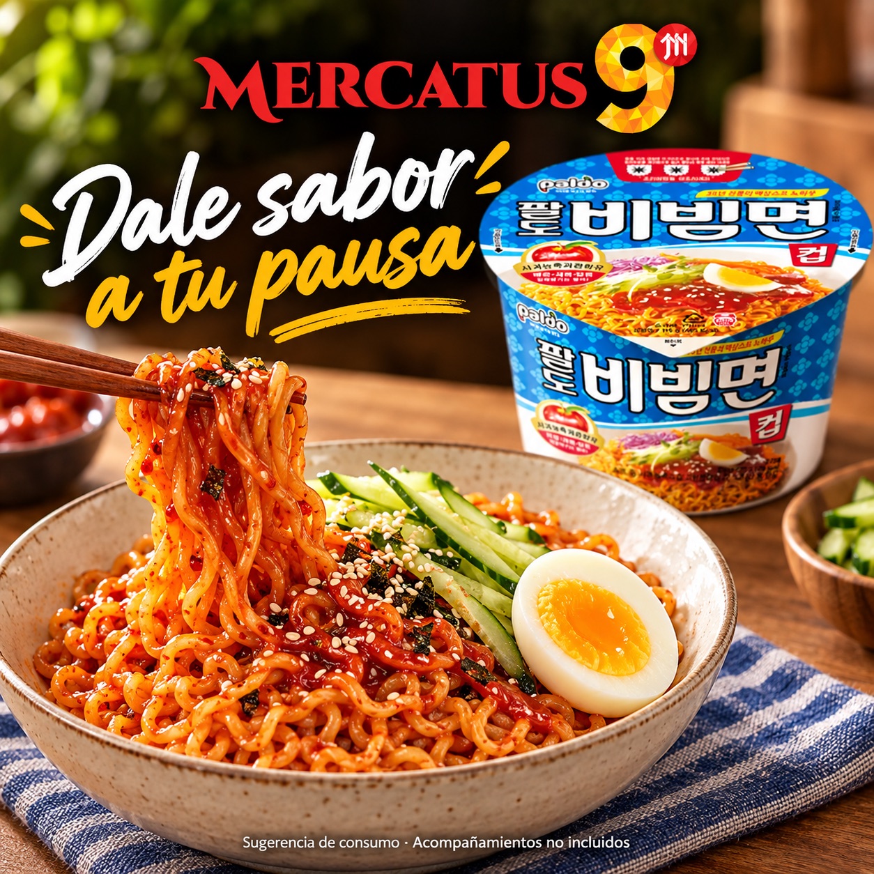 Sugerencia ilustrativa de consumo de Paldo Bibimmen picante; acompañamientos no incluidos