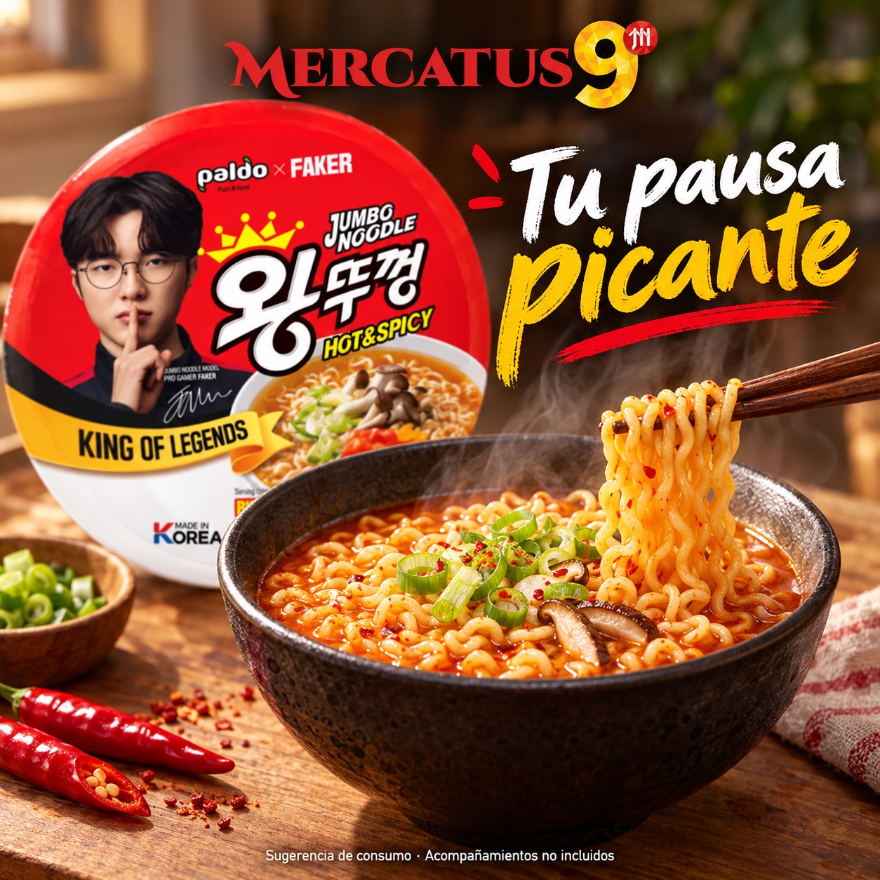 Sugerencia ilustrativa de consumo de Paldo Jumbo Noodle picante; acompañamientos no incluidos