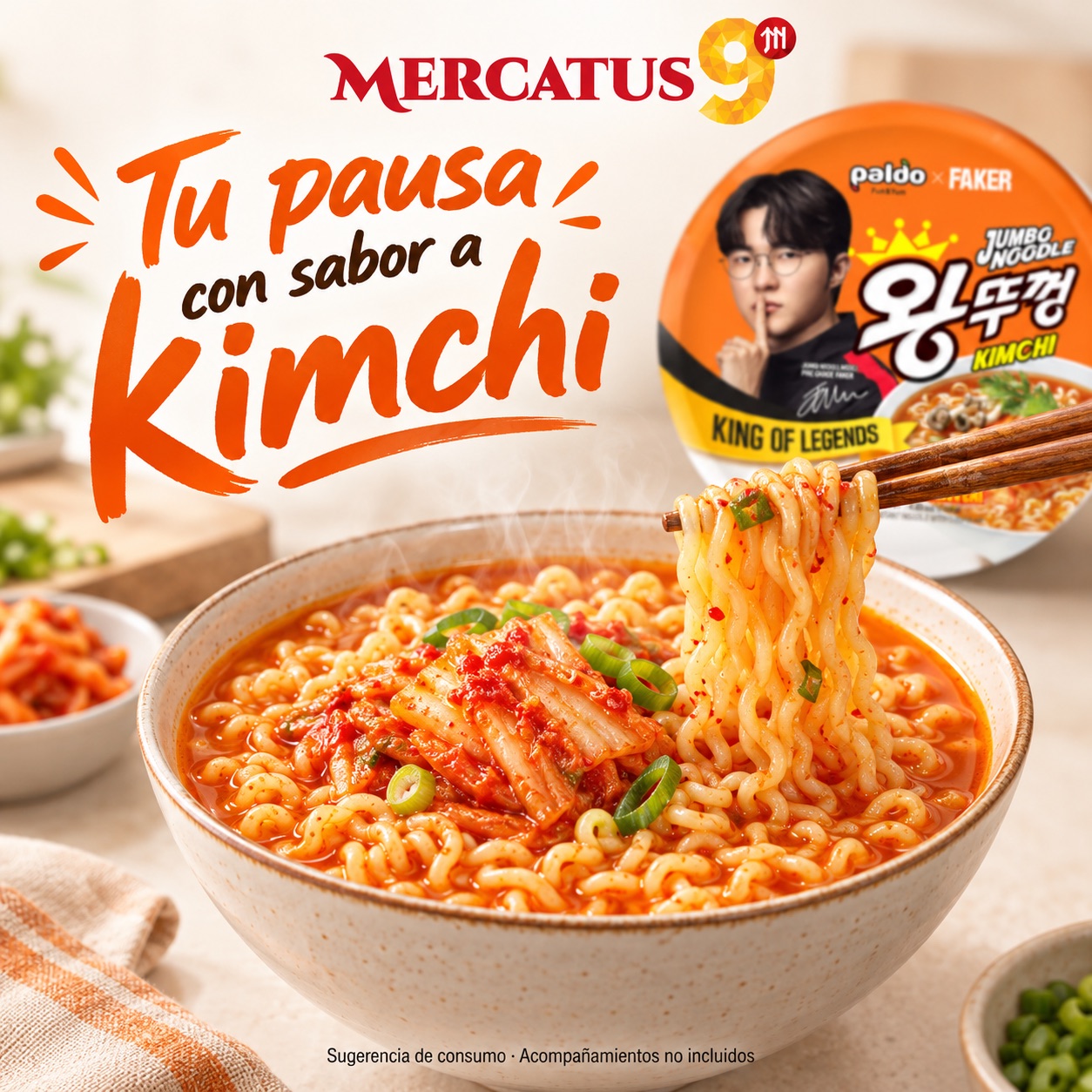Sugerencia ilustrativa de consumo de Paldo Jumbo Noodle kimchi; acompañamientos no incluidos