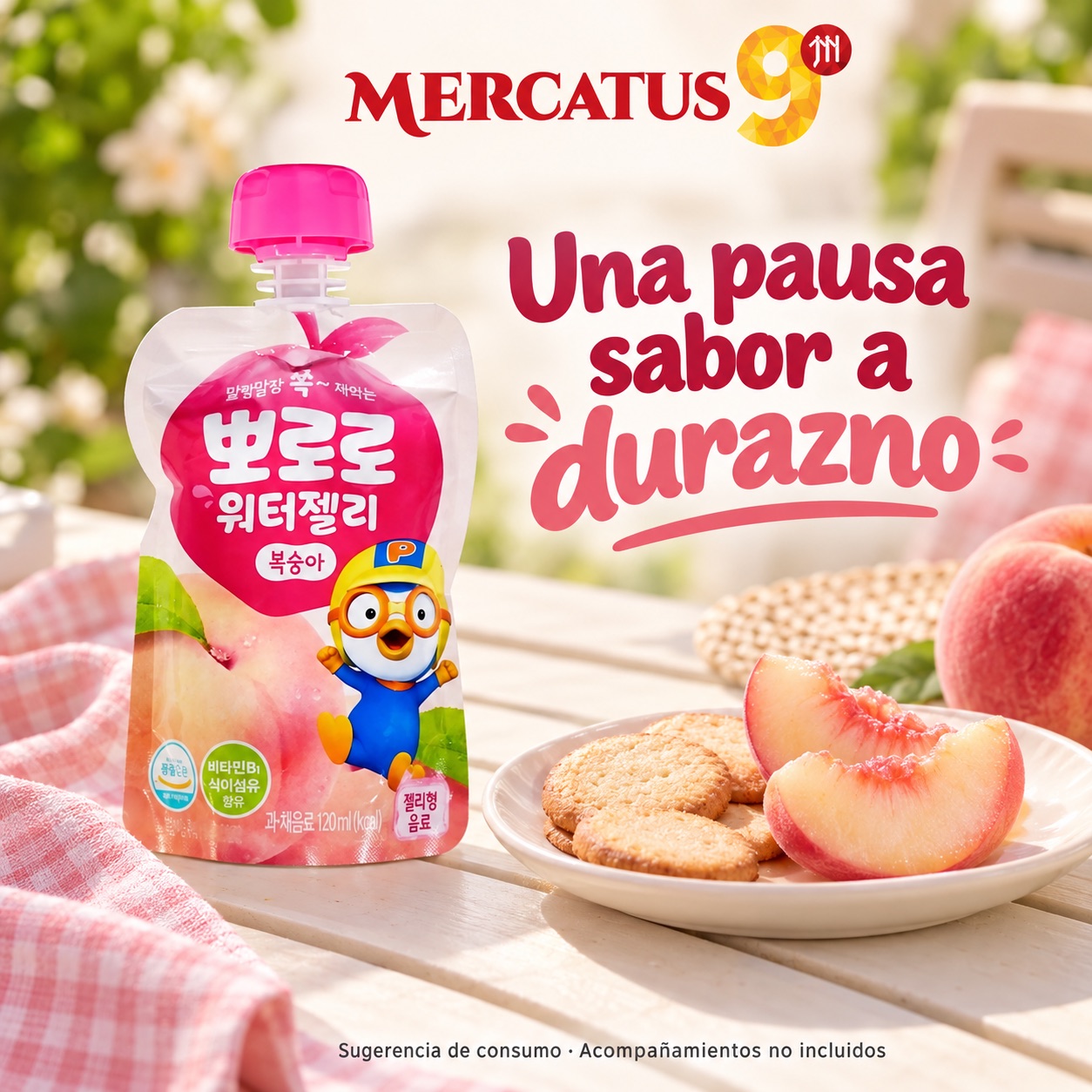 Sugerencia ilustrativa de consumo de Pororo Water Jelly durazno; acompañamientos no incluidos