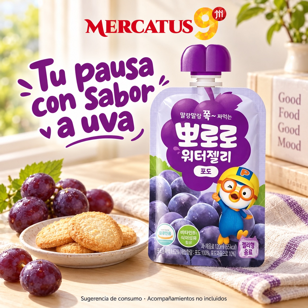 Sugerencia ilustrativa de consumo de Pororo Water Jelly uva; acompañamientos no incluidos
