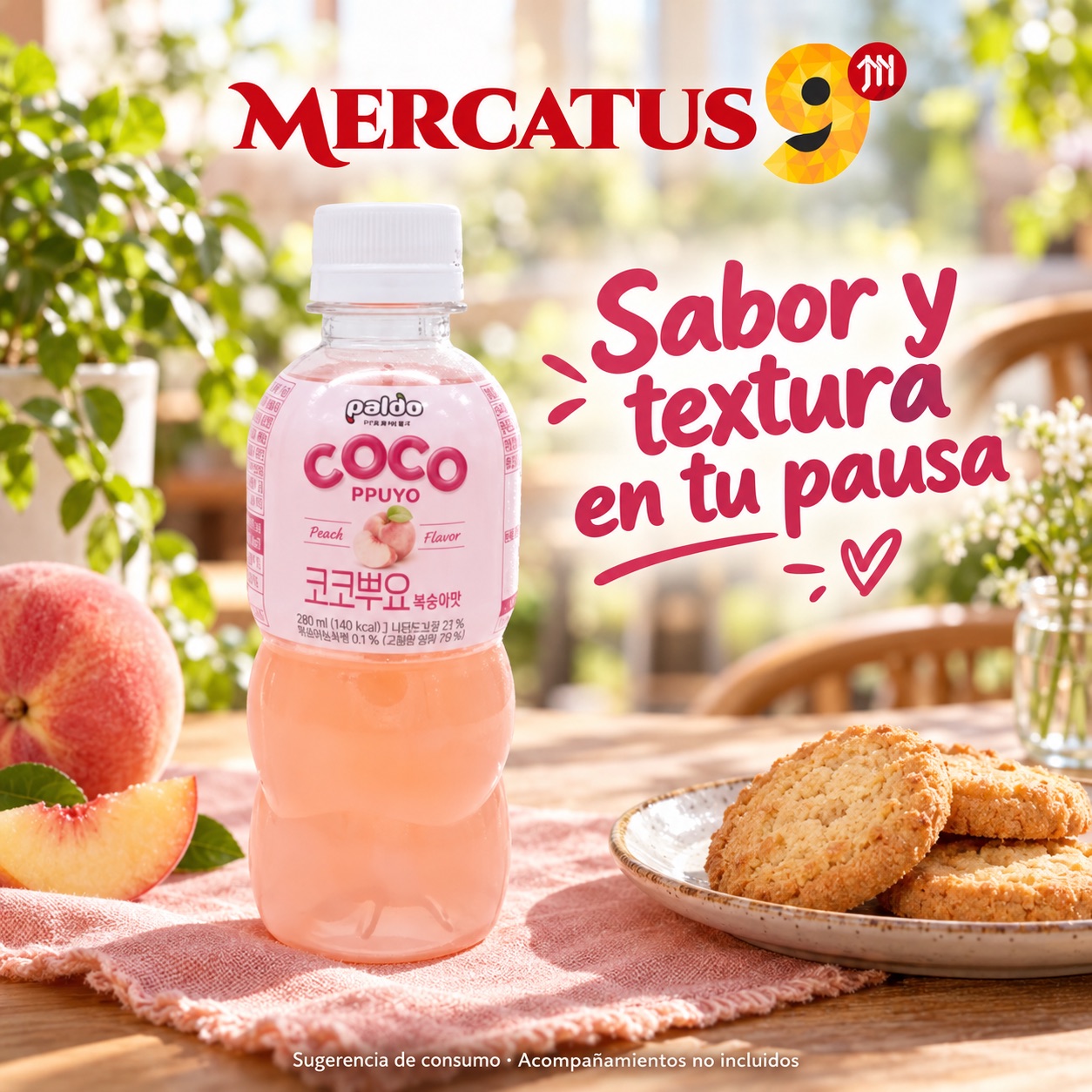 Sugerencia ilustrativa de consumo de Paldo Coco Ppuyo durazno; acompañamientos no incluidos