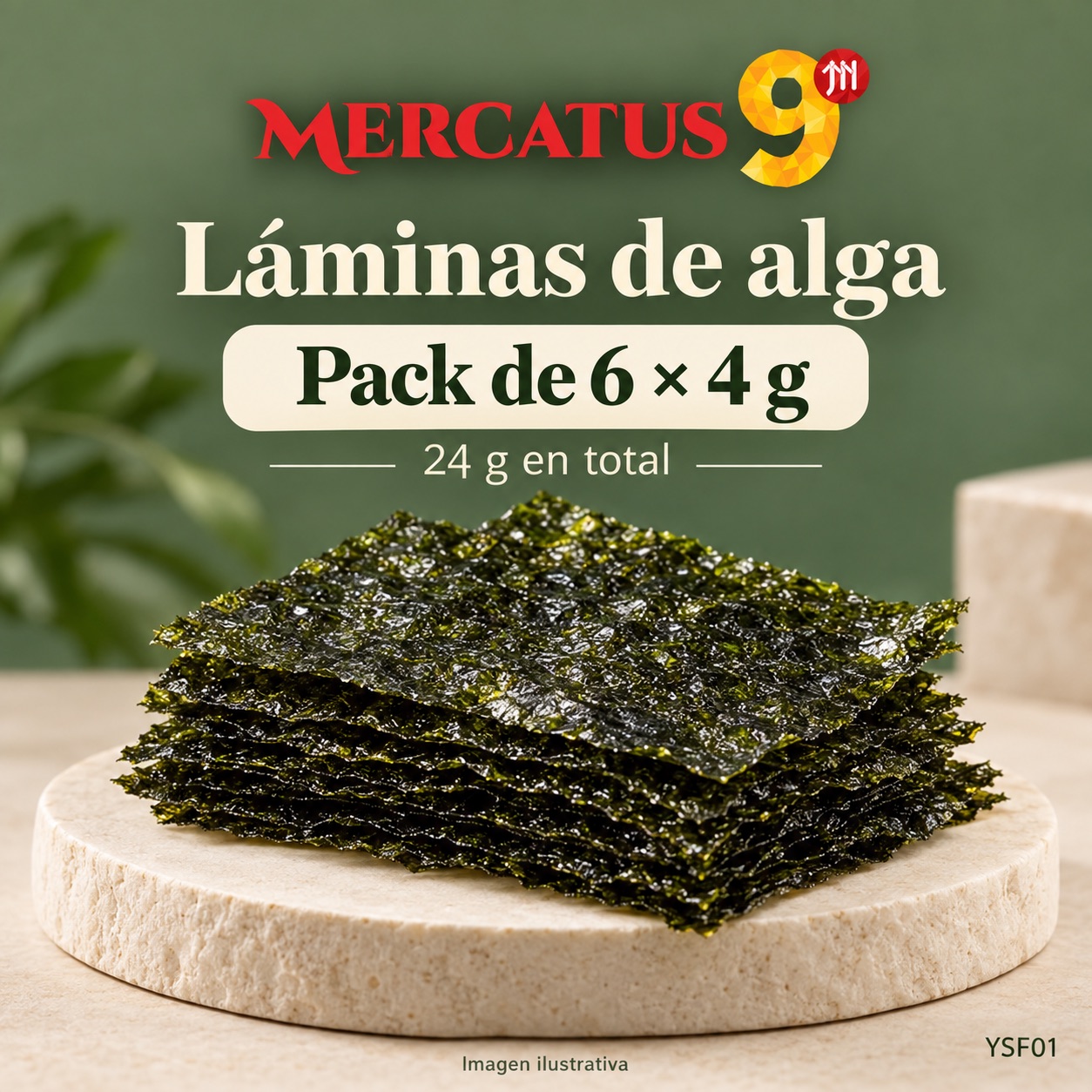 Láminas de alga YSF, presentación de 24 g en total (6 × 4 g), Mercatus9