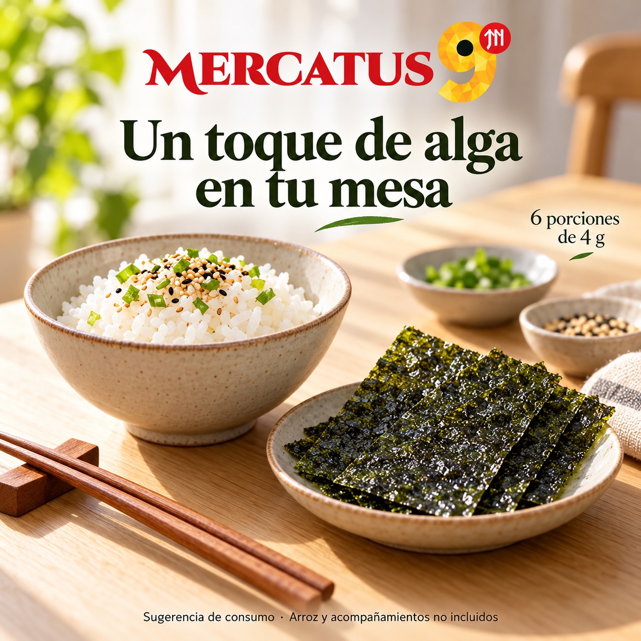 Sugerencia ilustrativa de consumo de Láminas de alga YSF; acompañamientos no incluidos