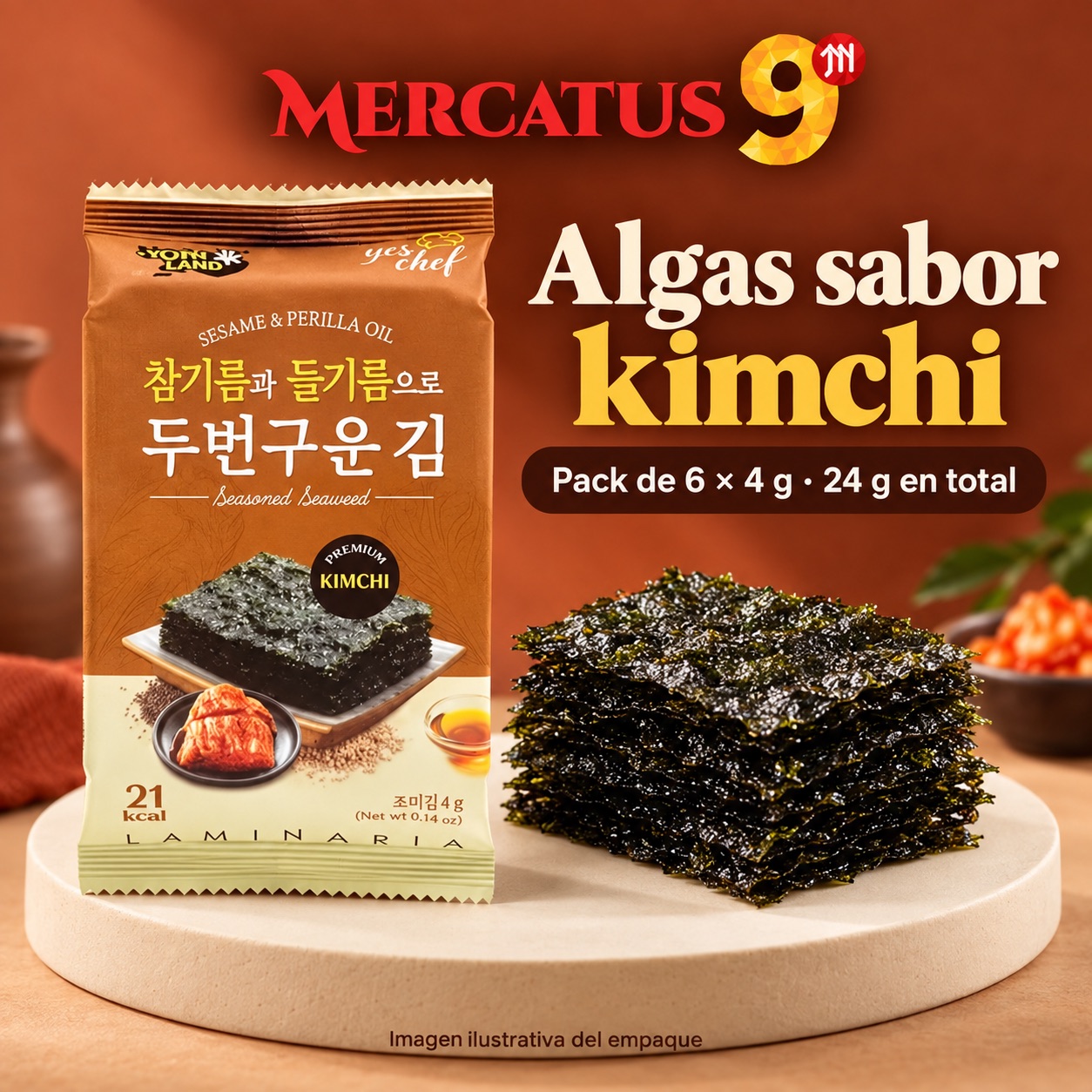 Láminas de alga YSF sabor kimchi, presentación de 24 g en total (6 × 4 g), Mercatus9