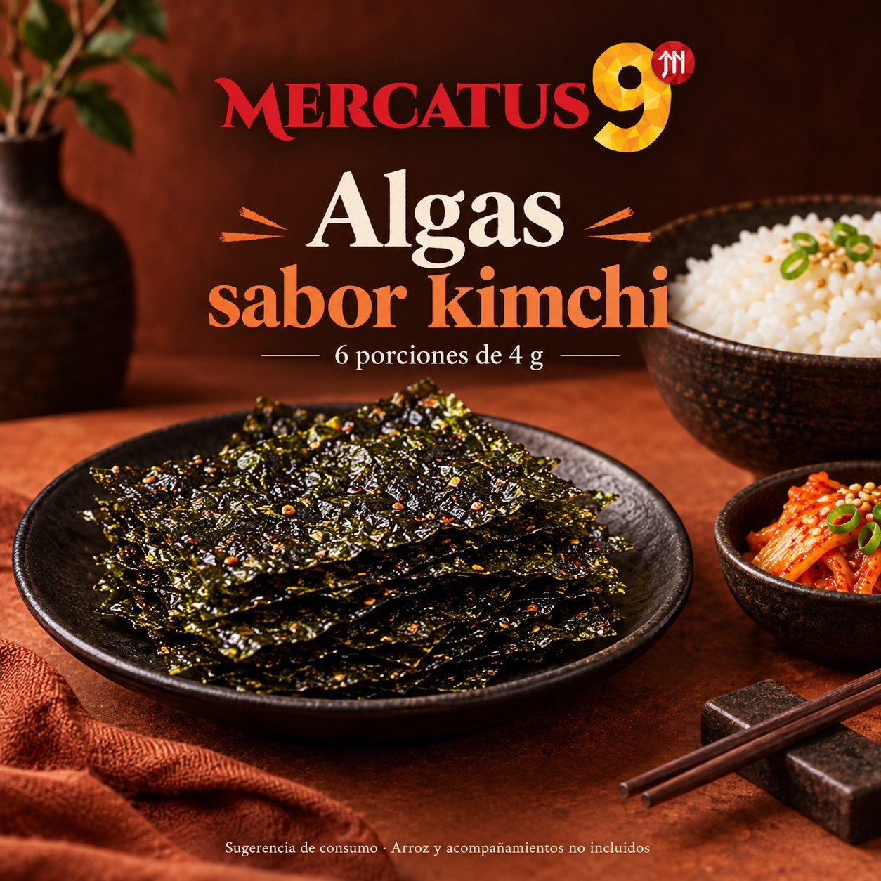 Sugerencia ilustrativa de consumo de Láminas de alga YSF sabor kimchi; acompañamientos no incluidos