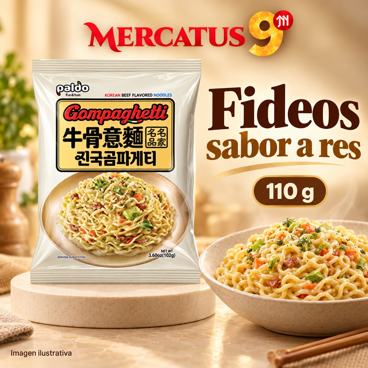 Fideos instantáneos sabor a res estilo espagueti, presentación de 110 g, Mercatus9