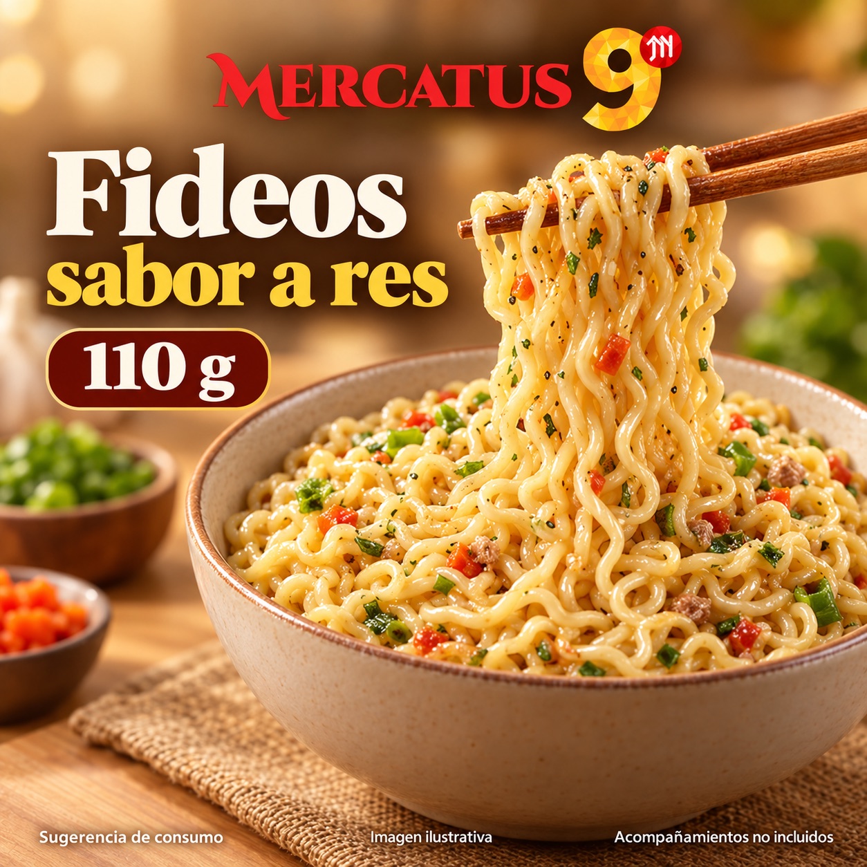Sugerencia ilustrativa de consumo de Fideos instantáneos sabor a res estilo espagueti; acompañamientos no incluidos
