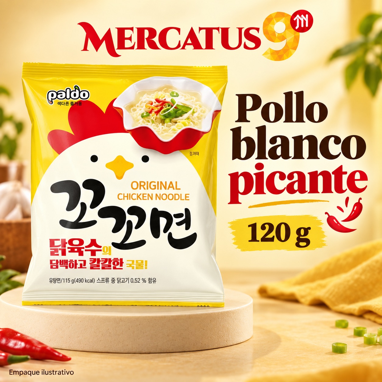 Fideos instantáneos sabor a pollo blanco picante, presentación de 120 g, Mercatus9