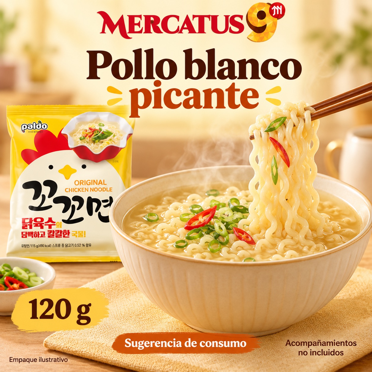Sugerencia ilustrativa de consumo de Fideos instantáneos sabor a pollo blanco picante; acompañamientos no incluidos