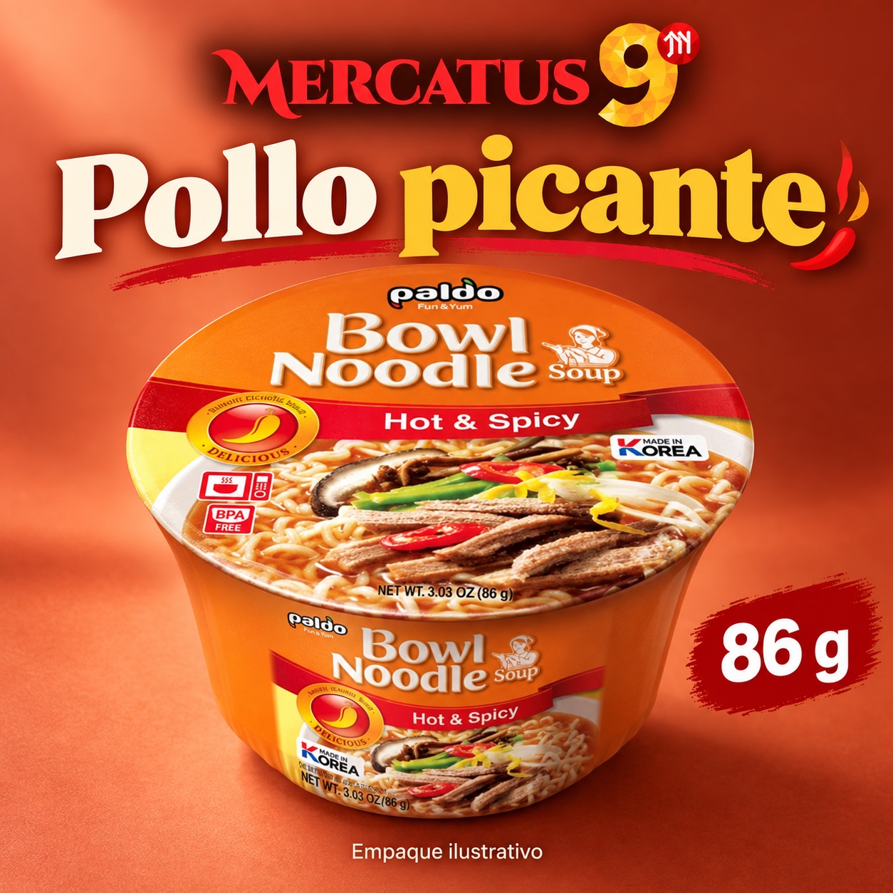 Fideos instantáneos en vaso sabor a pollo picante, presentación de 86 g, Mercatus9