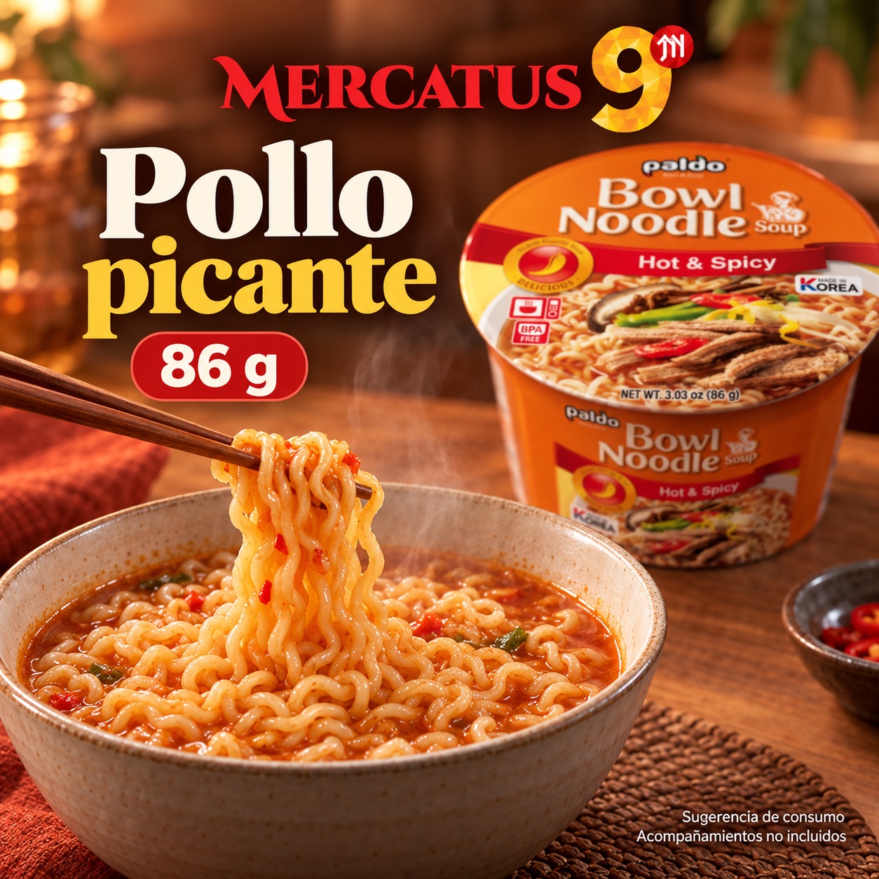 Sugerencia ilustrativa de consumo de Fideos instantáneos en vaso sabor a pollo picante; acompañamientos no incluidos