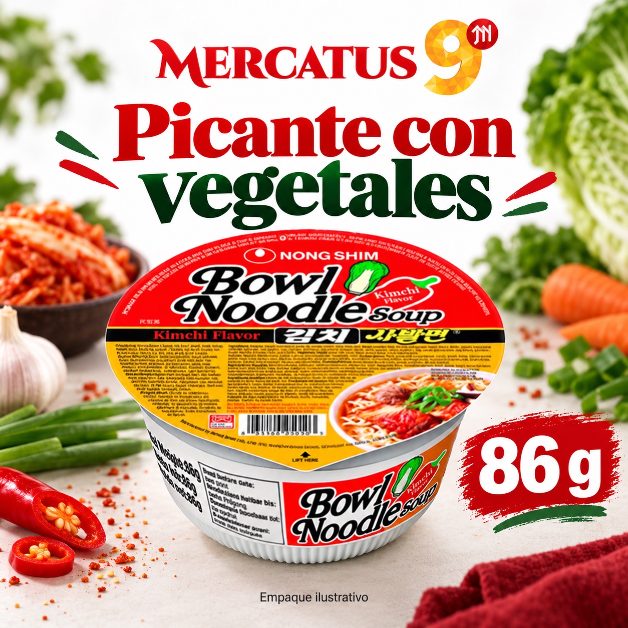 Fideos instantáneos en tazón sabor picante con vegetales, presentación de 86 g, Mercatus9