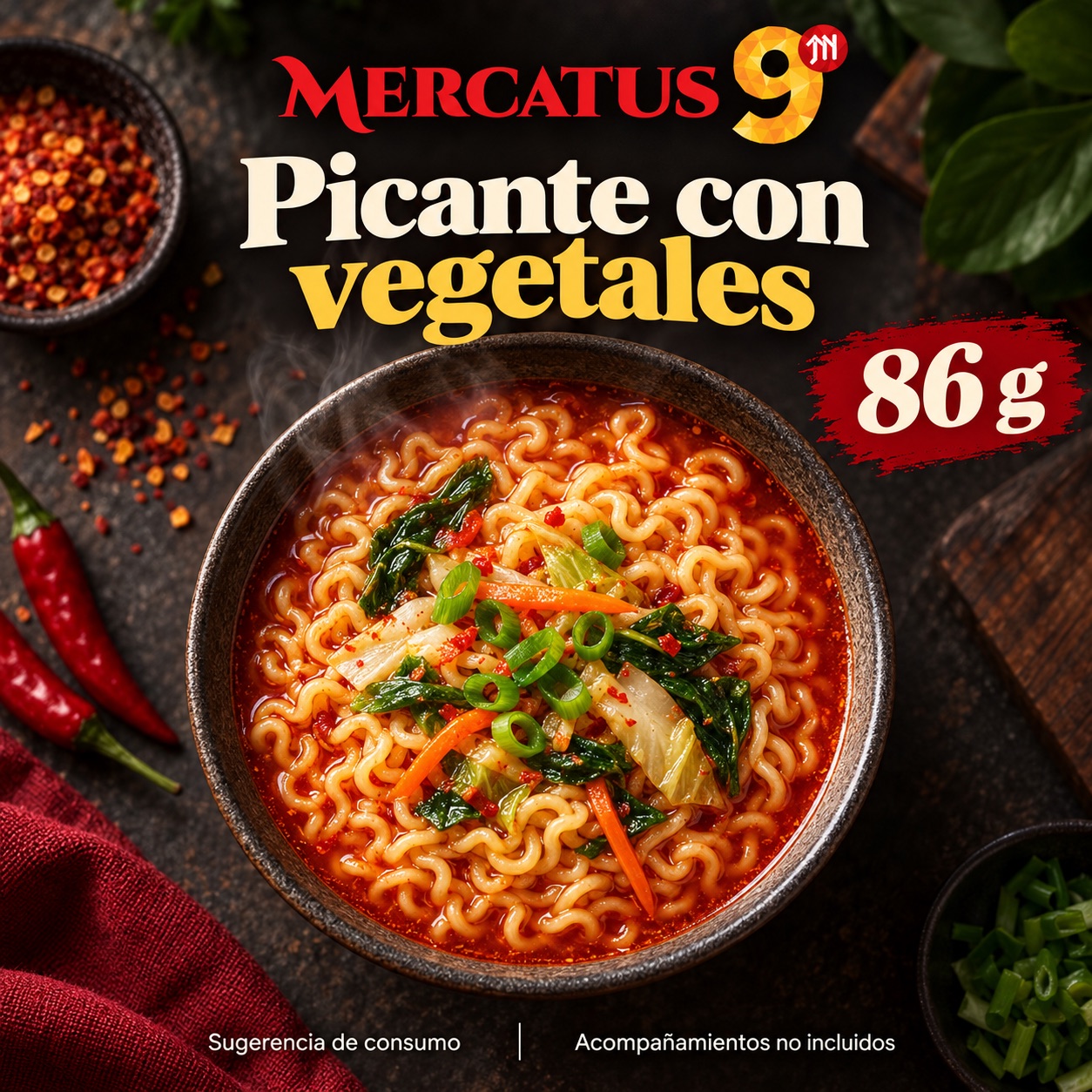 Sugerencia ilustrativa de consumo de Fideos instantáneos en tazón sabor picante con vegetales; acompañamientos no incluidos