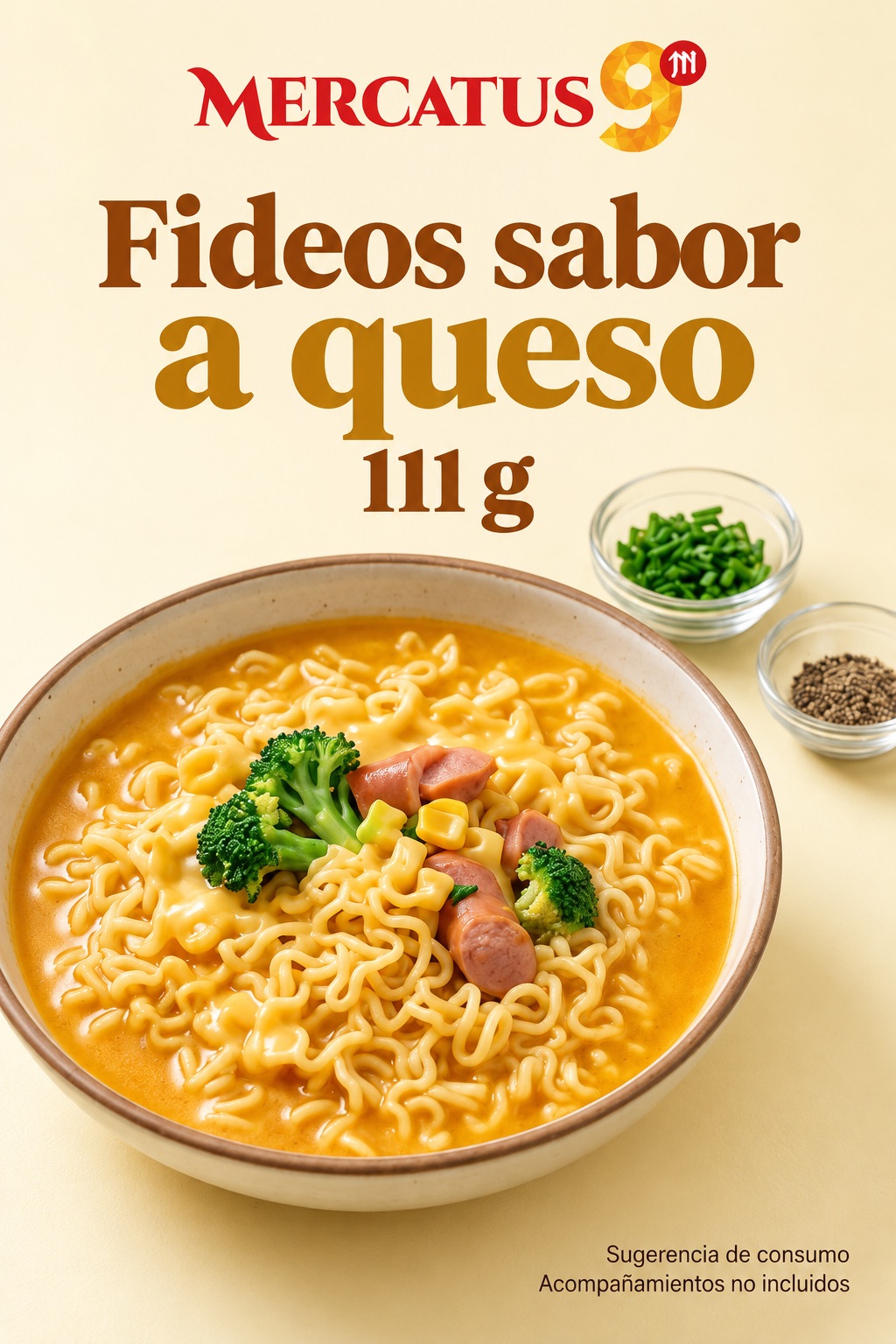 Sugerencia ilustrativa de consumo de Fideos instantáneos sabor a queso; acompañamientos no incluidos