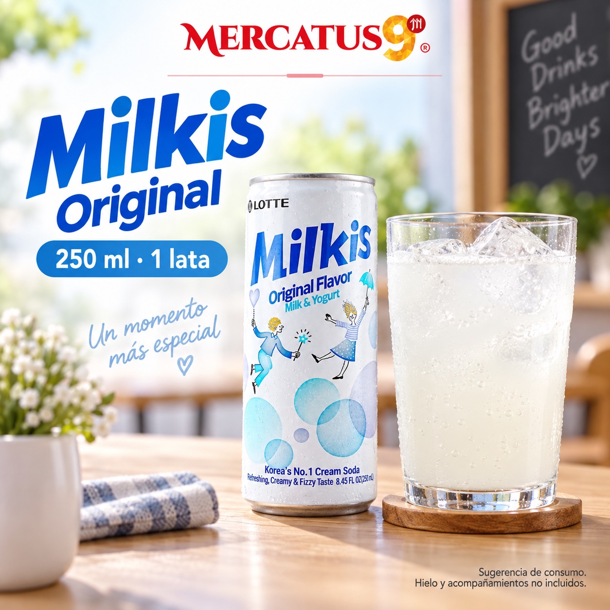Sugerencia ilustrativa de consumo de Milkis Original · Bebida gaseosa; acompañamientos no incluidos