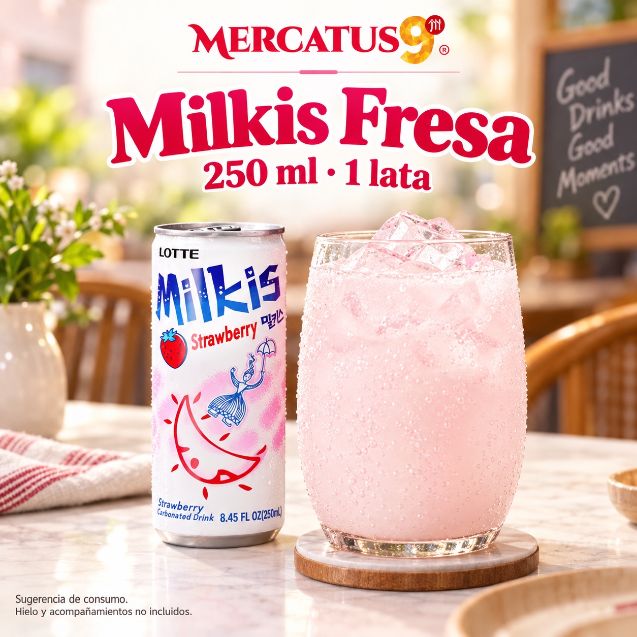 Sugerencia ilustrativa de consumo de Milkis Fresa · Bebida gaseosa; acompañamientos no incluidos