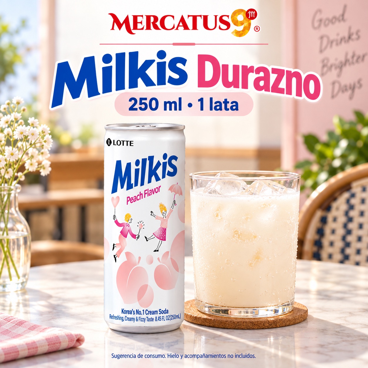 Sugerencia ilustrativa de consumo de Milkis Durazno · Bebida gaseosa; acompañamientos no incluidos