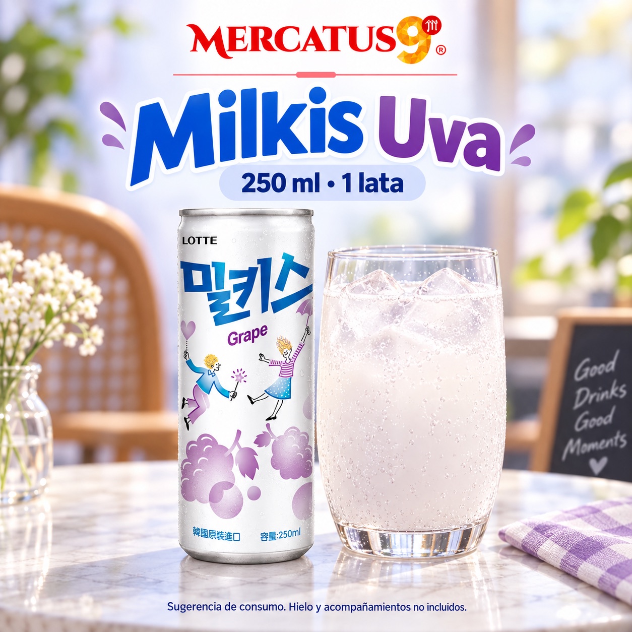 Sugerencia ilustrativa de consumo de Milkis Uva · Bebida gaseosa; acompañamientos no incluidos