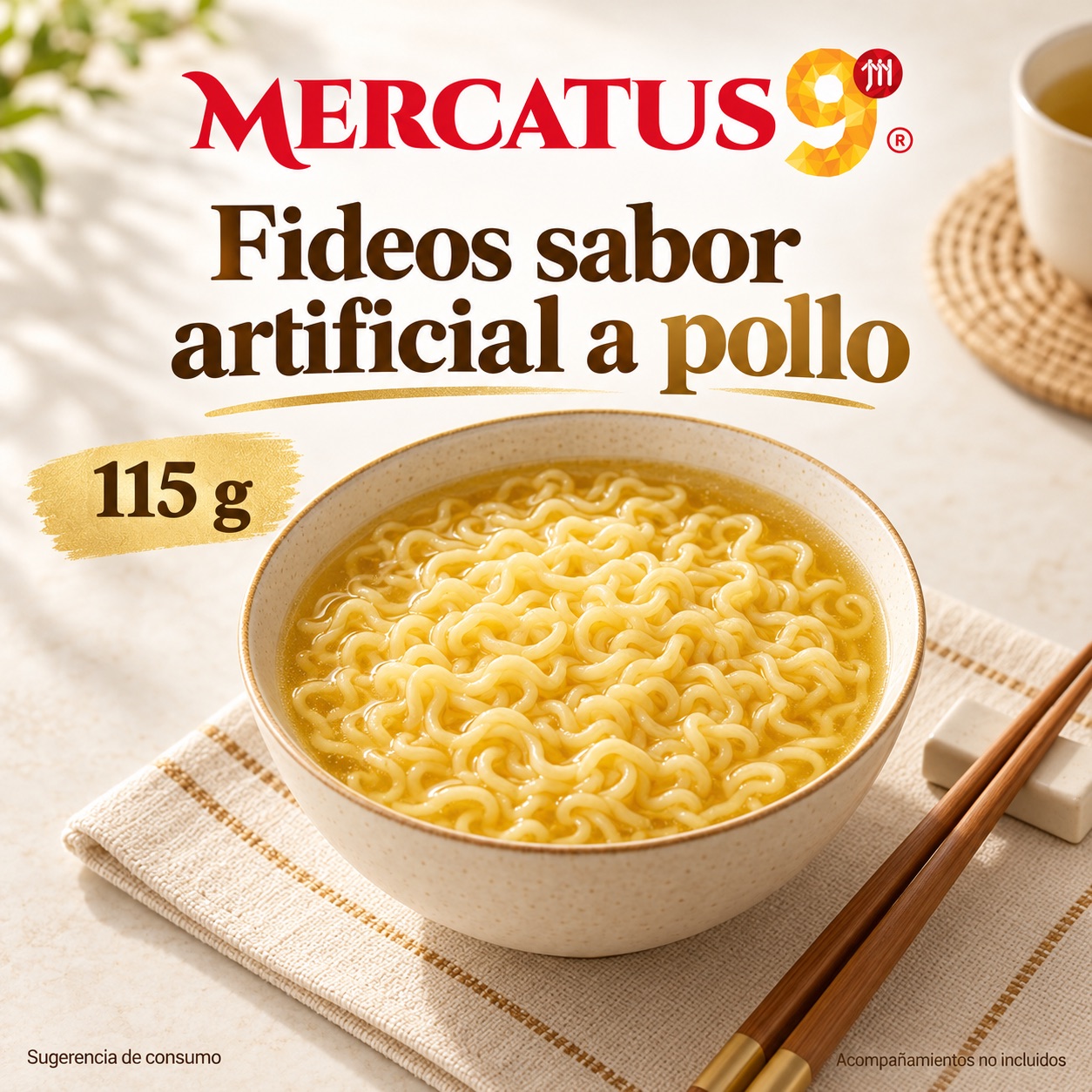 Sugerencia ilustrativa de consumo de Baixiang · Fideos sabor artificial a sopa de pollo; acompañamientos no incluidos