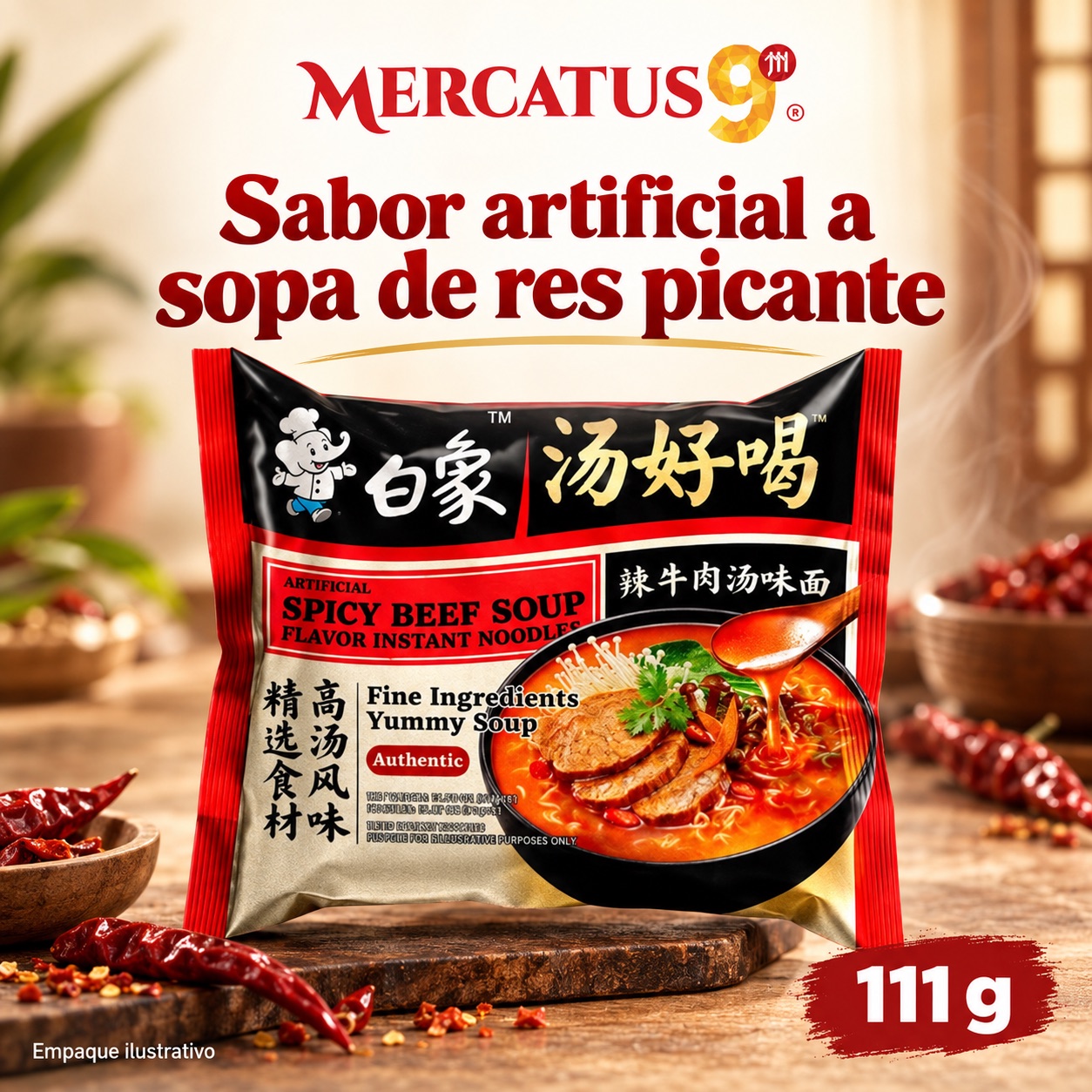 Baixiang · Fideos sabor artificial a sopa de res picante, presentación de 111 g, Mercatus9
