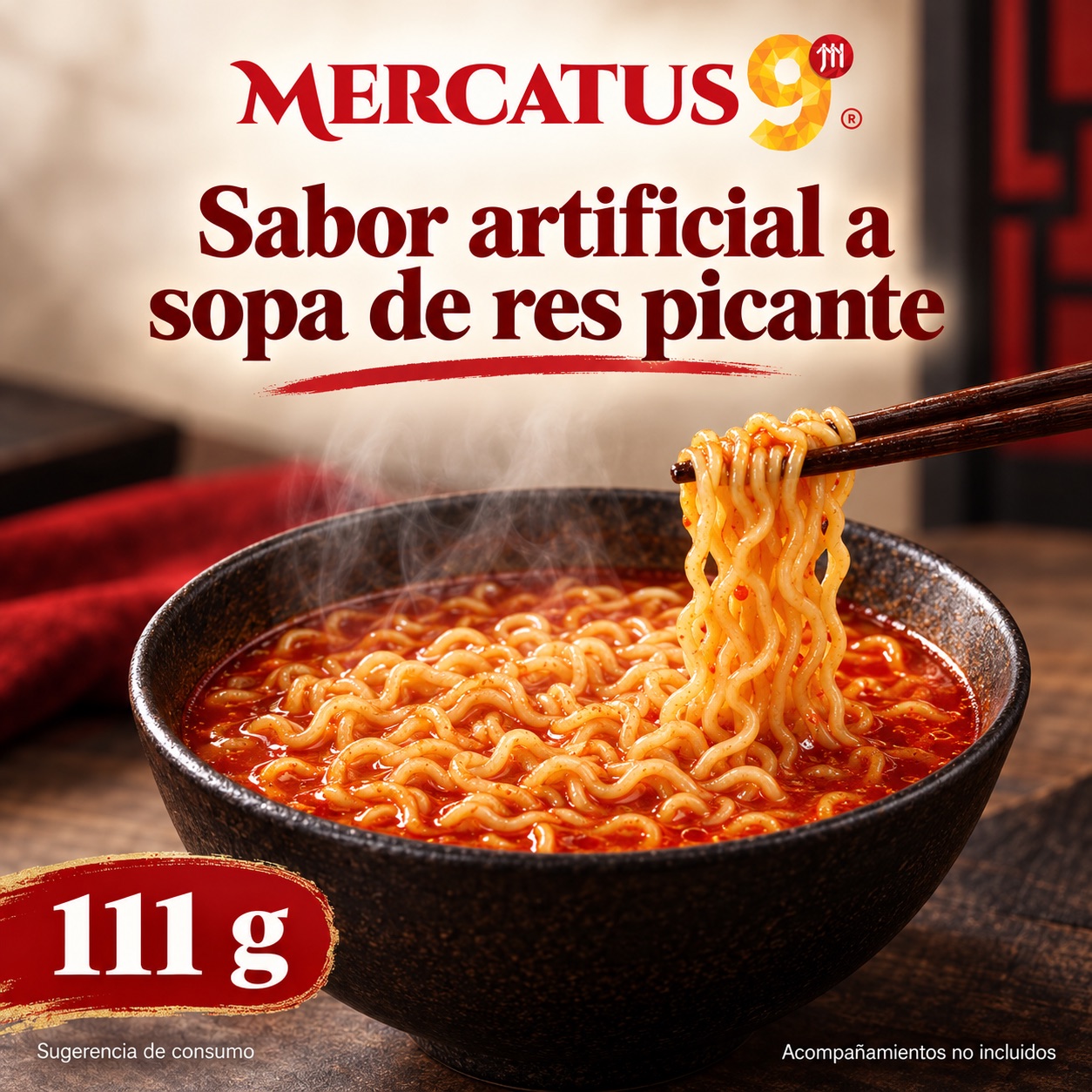 Sugerencia ilustrativa de consumo de Baixiang · Fideos sabor artificial a sopa de res picante; acompañamientos no incluidos