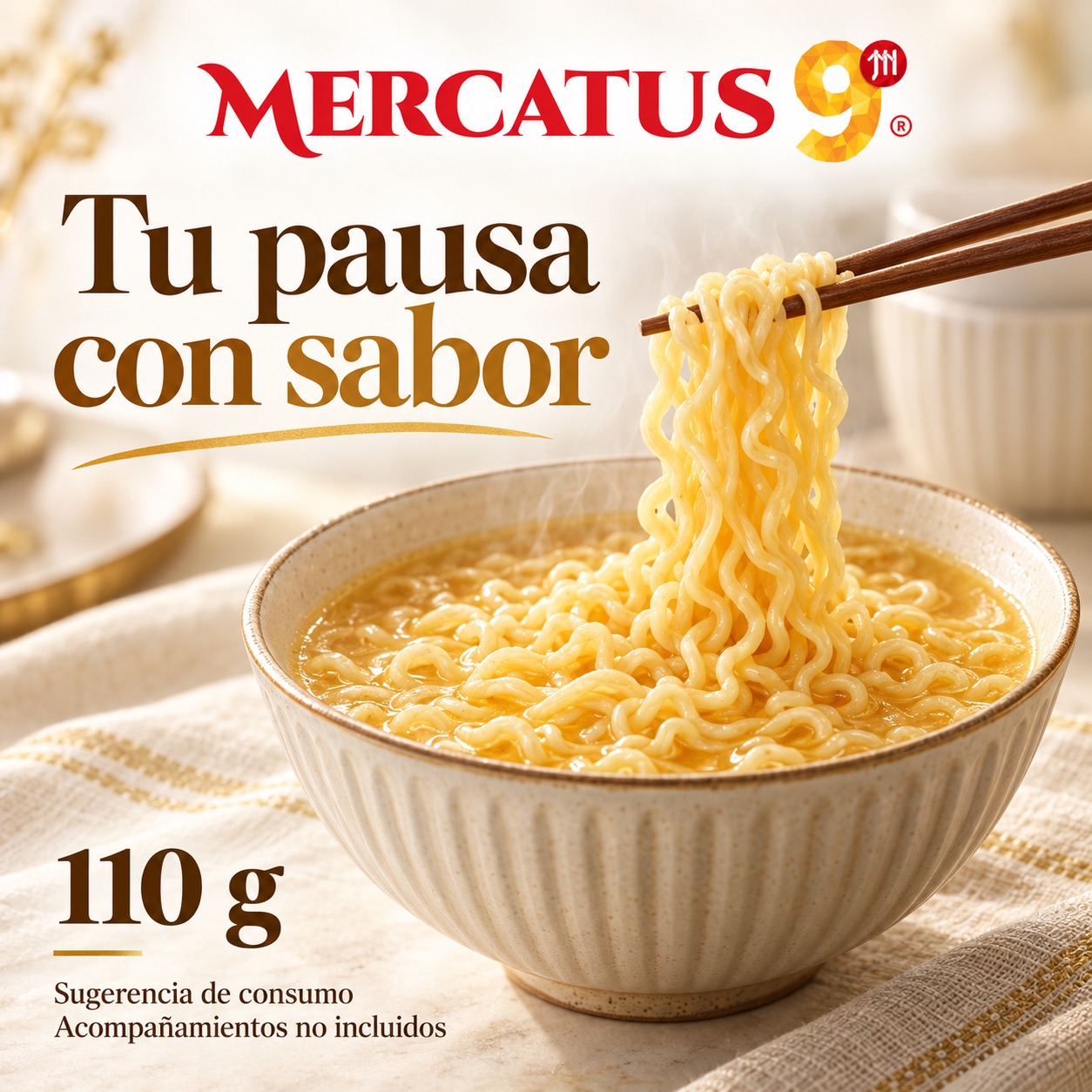 Sugerencia ilustrativa de consumo de Baixiang · Fideos sabor artificial a sopa de pollo; acompañamientos no incluidos