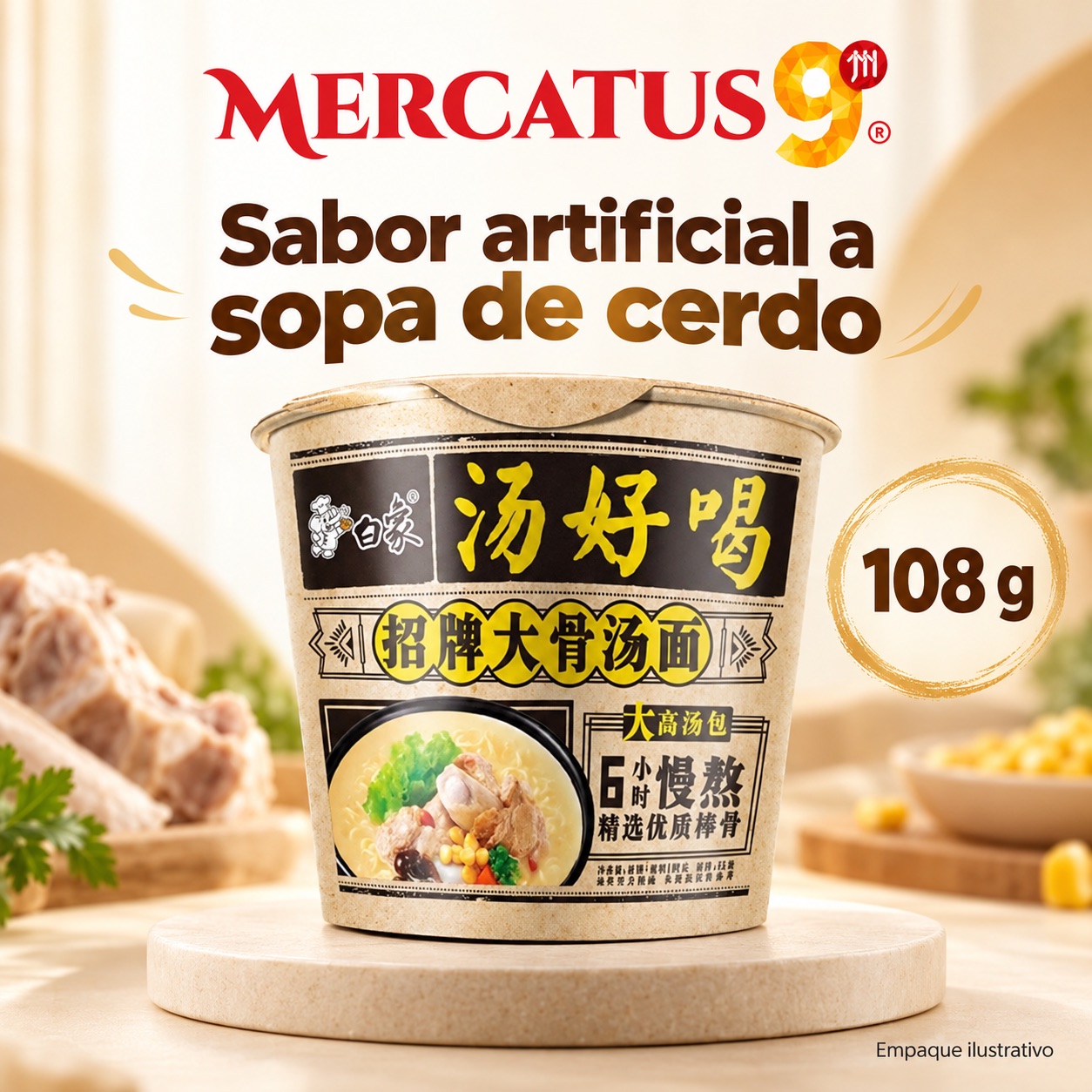 Baixiang · Fideos sabor artificial a sopa de cerdo, presentación de 108 g, Mercatus9