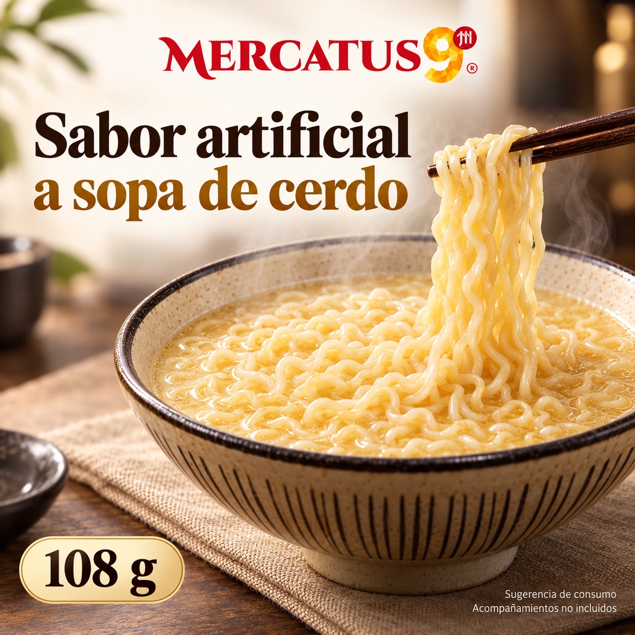 Sugerencia ilustrativa de consumo de Baixiang · Fideos sabor artificial a sopa de cerdo; acompañamientos no incluidos
