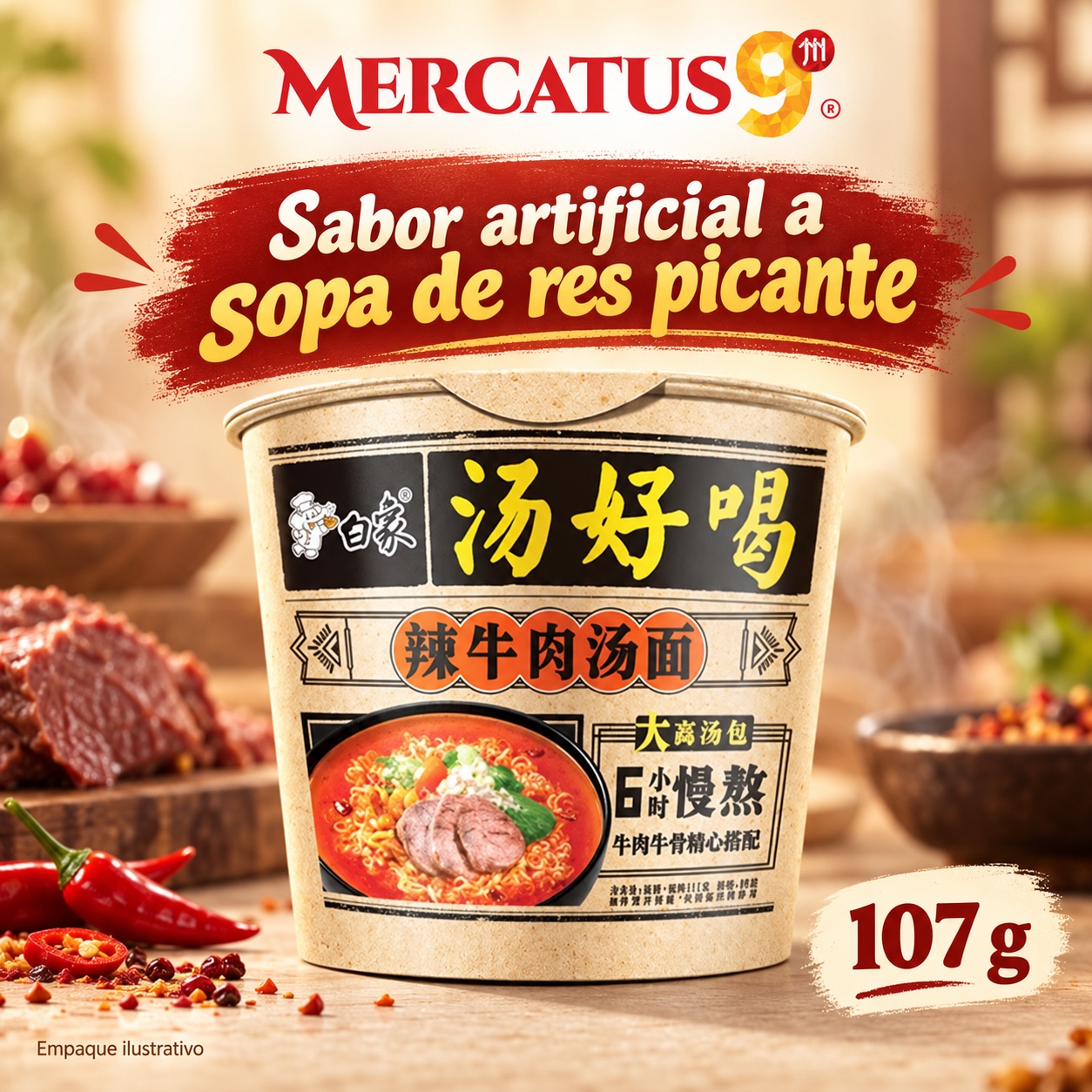 Baixiang · Fideos sabor artificial a sopa de res picante, presentación de 107 g, Mercatus9