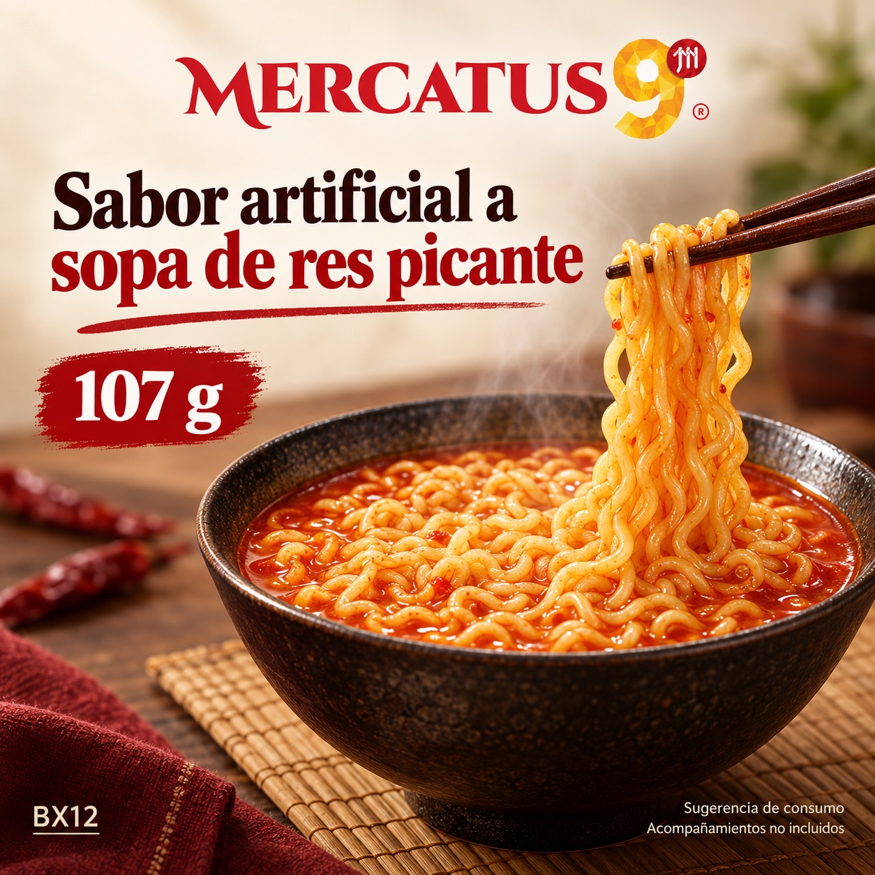 Sugerencia ilustrativa de consumo de Baixiang · Fideos sabor artificial a sopa de res picante; acompañamientos no incluidos