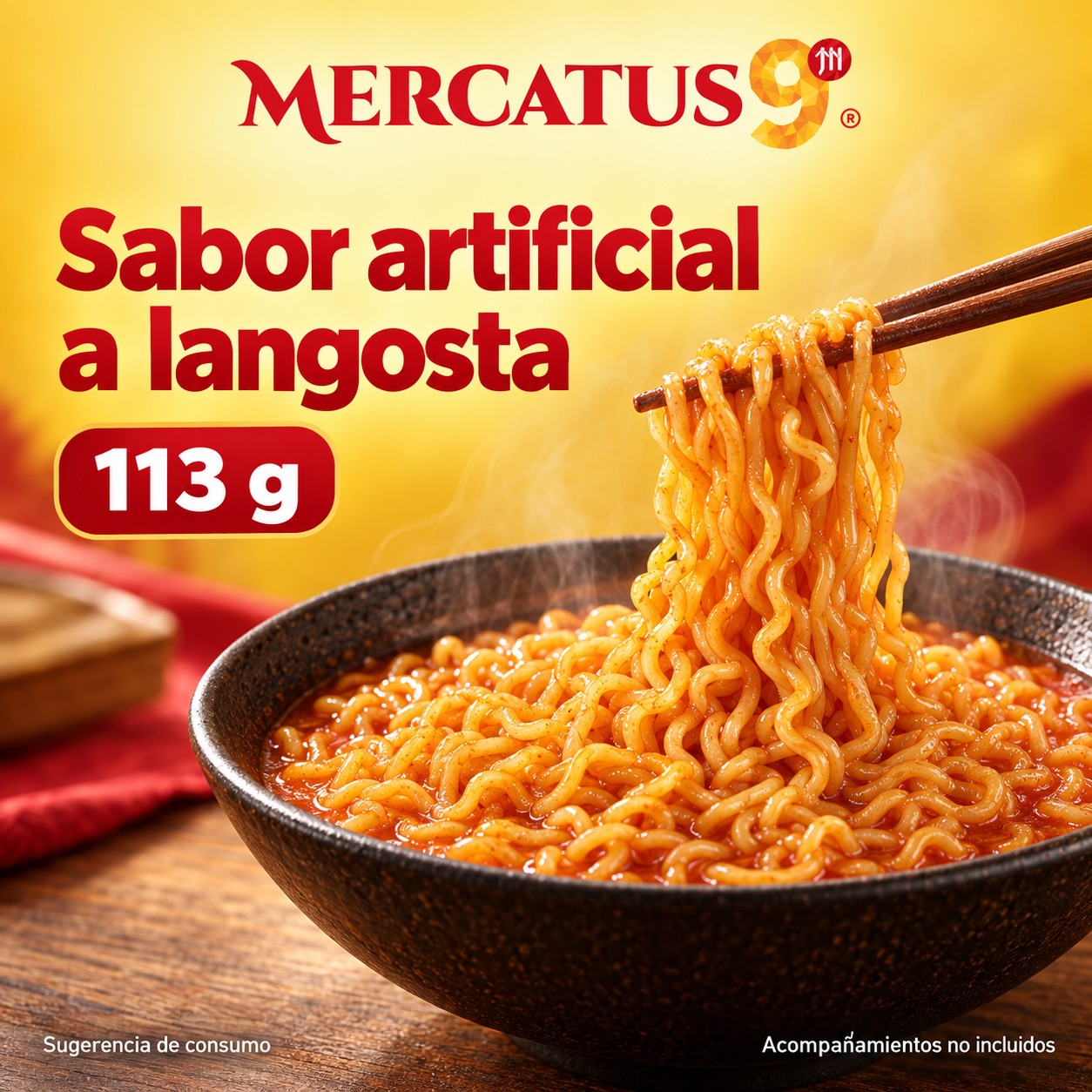 Sugerencia ilustrativa de consumo de Baixiang · Fideos sabor artificial a langosta; acompañamientos no incluidos