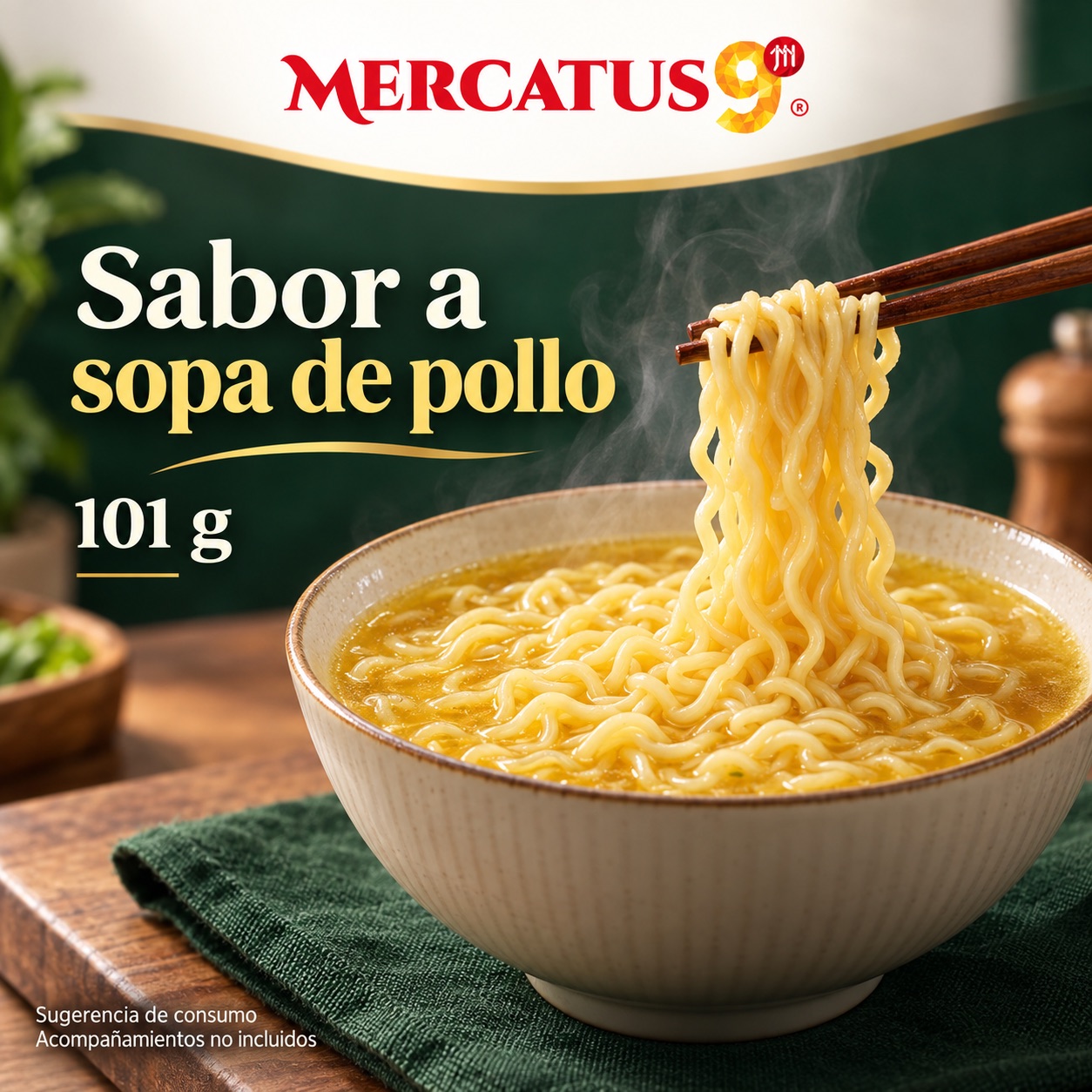 Sugerencia ilustrativa de consumo de Baixiang · Fideos sabor a sopa de pollo; acompañamientos no incluidos