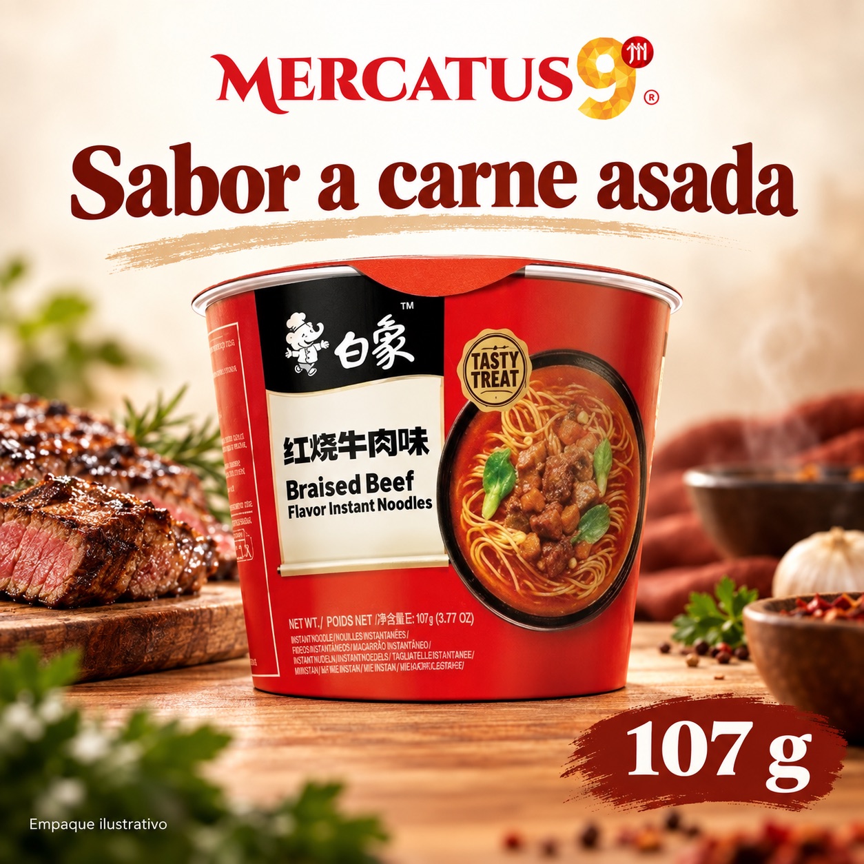 Baixiang · Fideos sabor a carne asada, presentación de 107 g, Mercatus9
