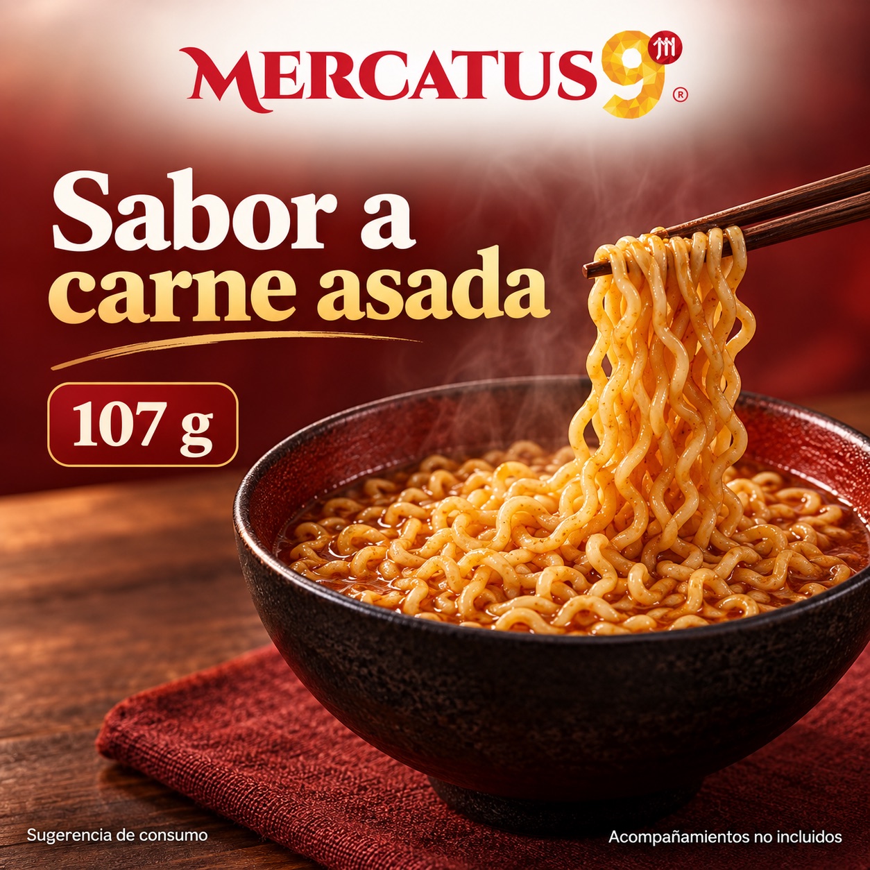 Sugerencia ilustrativa de consumo de Baixiang · Fideos sabor a carne asada; acompañamientos no incluidos