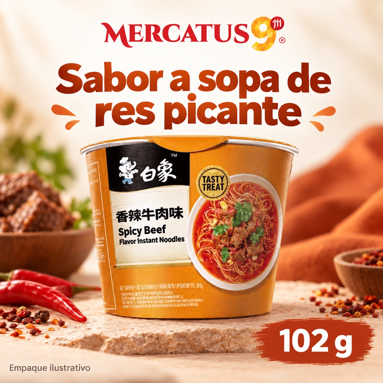 Baixiang · Fideos sabor a sopa de res picante, presentación de 102 g, Mercatus9