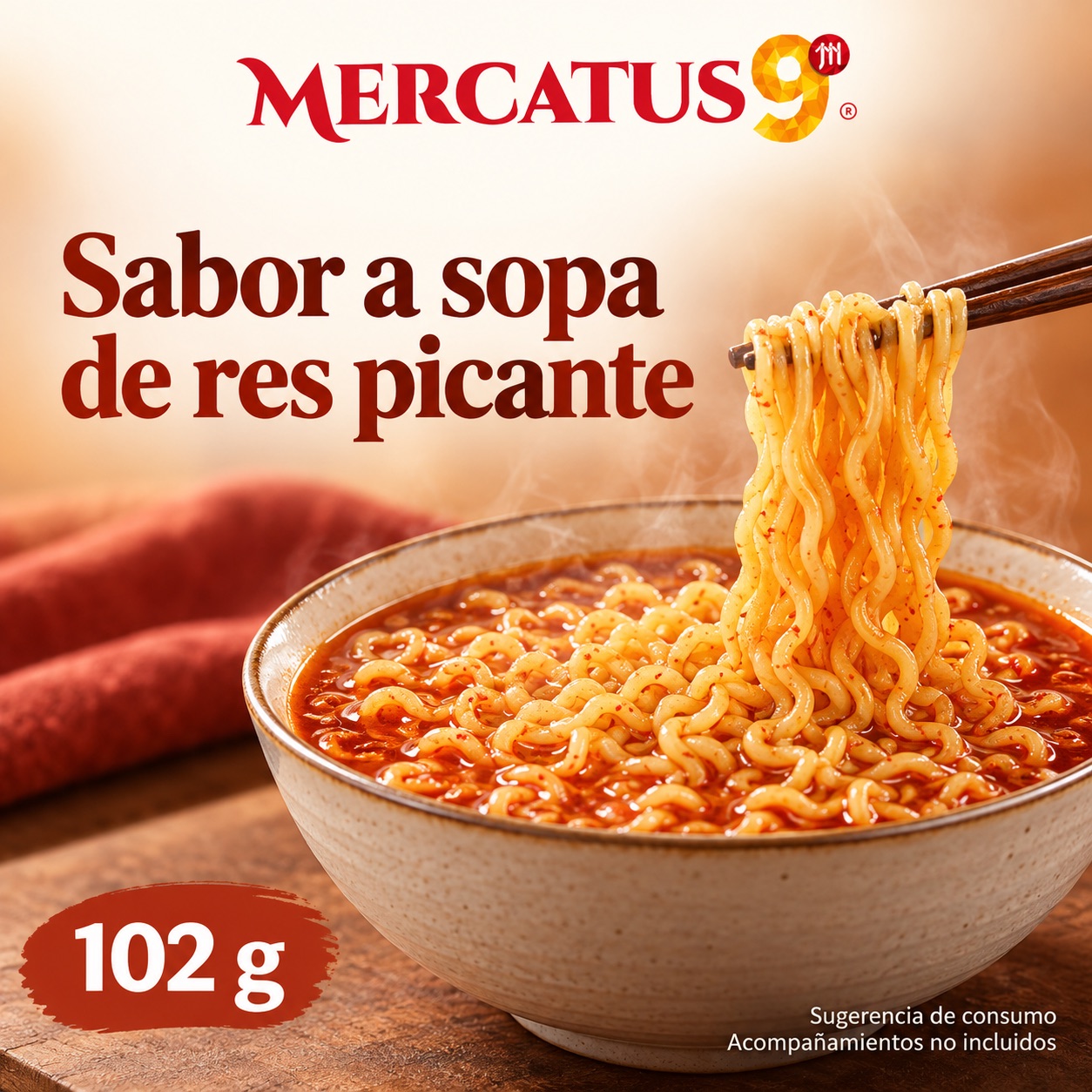 Sugerencia ilustrativa de consumo de Baixiang · Fideos sabor a sopa de res picante; acompañamientos no incluidos
