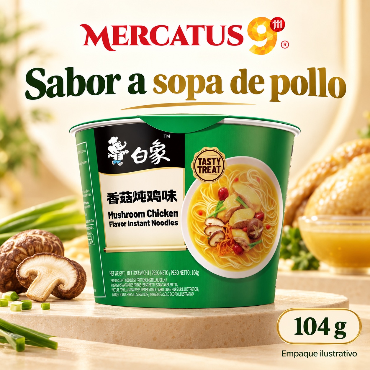 Baixiang · Fideos sabor a sopa de pollo, presentación de 104 g, Mercatus9